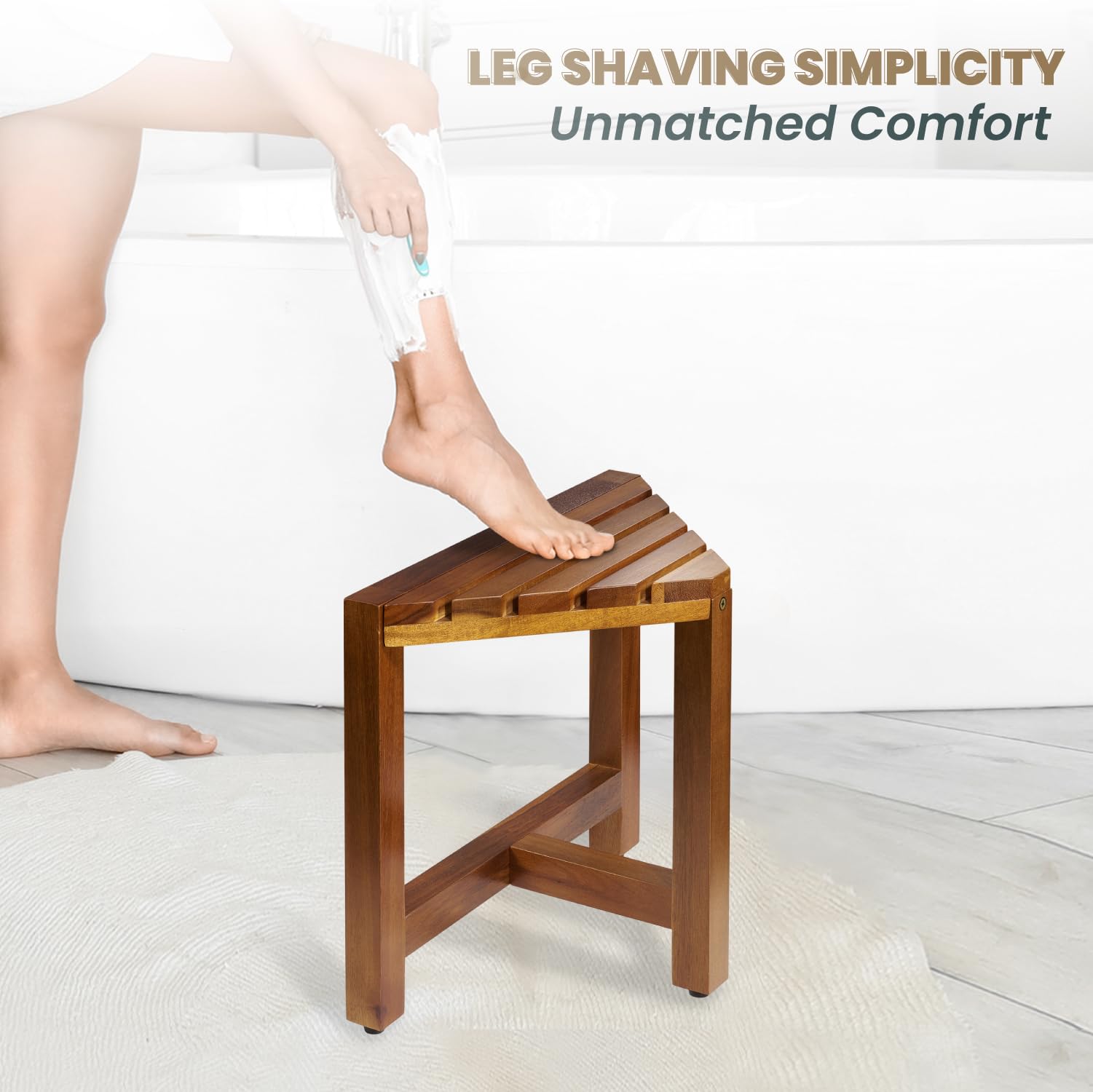 BLUEWEST Acacia Wood Shower Foot Stool - Non-Slip Bathroom Bench for Shaving Legs, Compact Corner Shower Seat with Waterproof & Durable Design - Perfect for Small Spaces, Spa-Like Relaxation & Pedicures