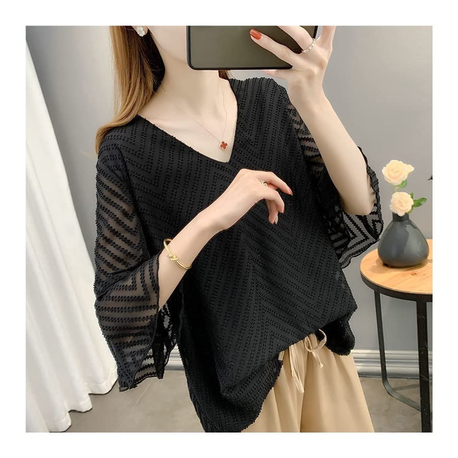 Elegant Summer Women's V-Neck Chiffon Blouse - Breathable Short Sleeve Tops for Women (Color A, Size M) | Perfect for Office Wear, Casual Outings & Summer Parties