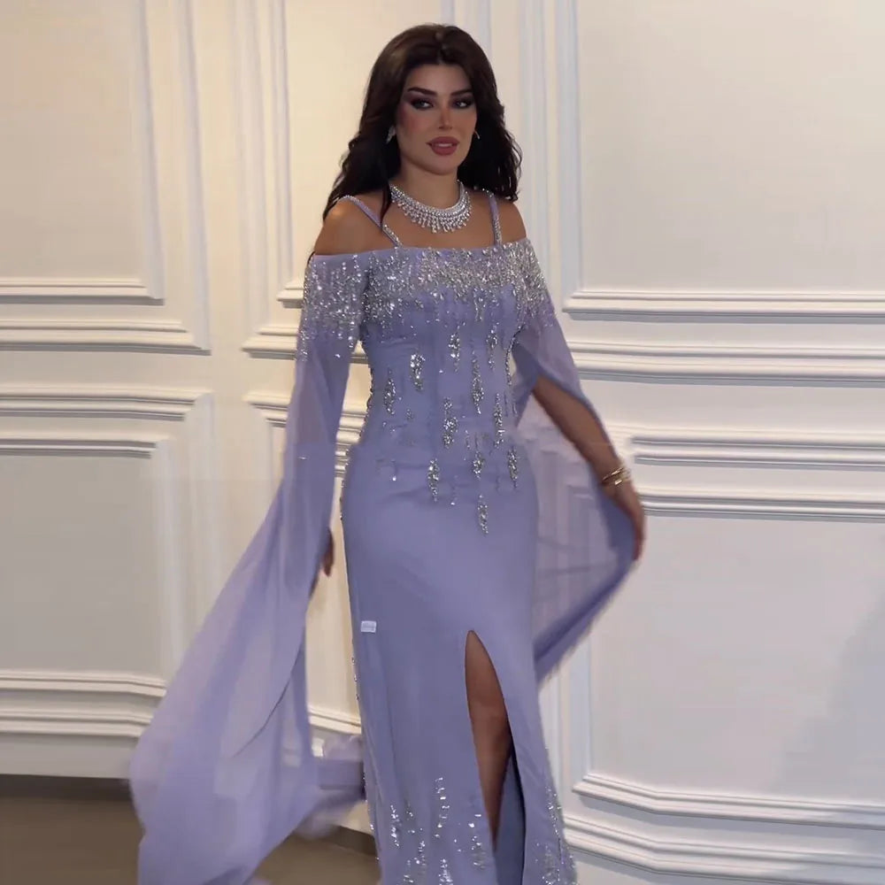 Elegant Lilac Mermaid Evening Dress with Cape Sleeves - Luxury Wedding Party Gown LA72407 for Prom, Bridal Shower & Formal Events