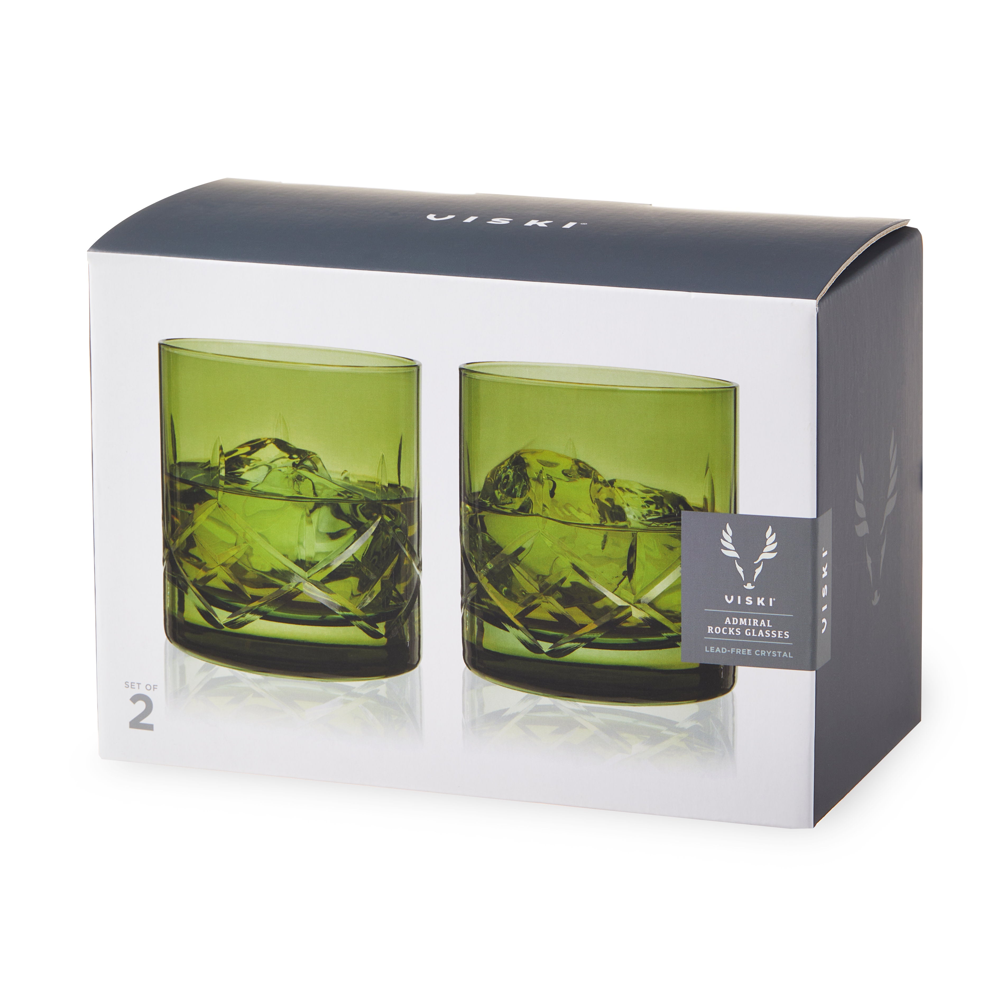 Premium Admiral Crystal Green Rocks Glasses Set of 2 - Elegant Whiskey & Cocktail Drinking Glasses for Home Bar, Dinner Parties & Gifts