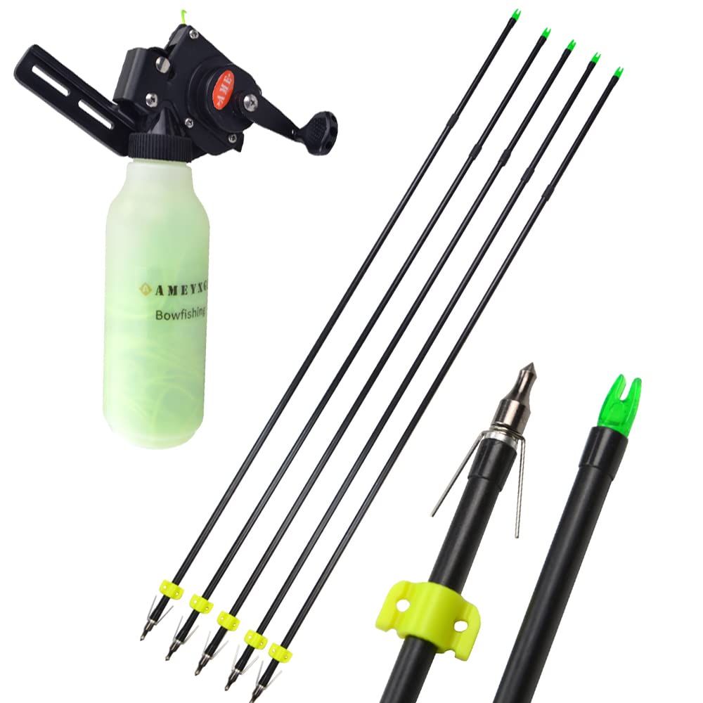 AMEYXGS 3/6pcs Fiberglass Bowfishing Arrows Kit with Fishing Reel & 40m Rope - Compatible with Compound & Recurve Bows - Safety Slides Included for Hunting & Fishing Adventures