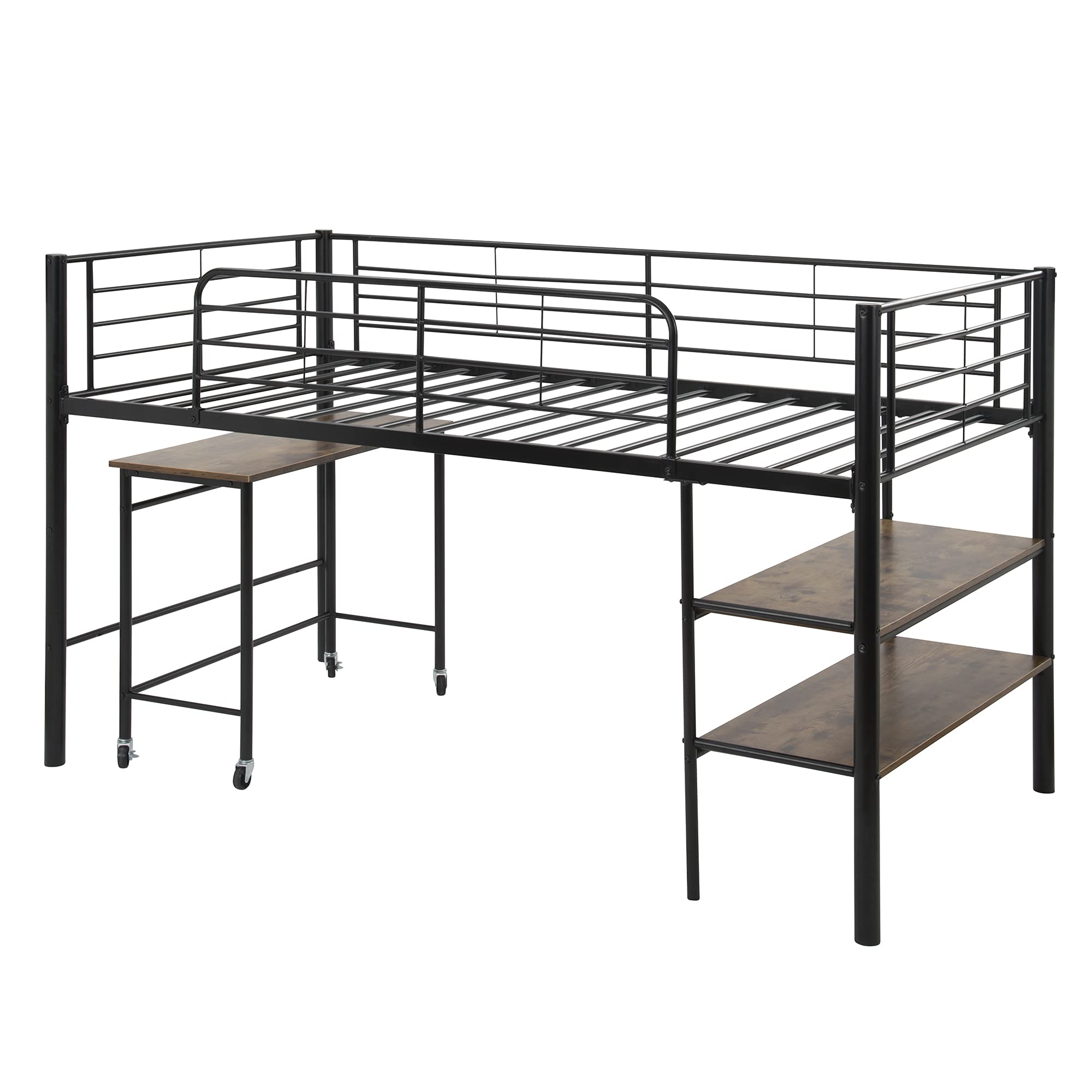 Knocbel Twin Loft Bed with Mobile Desk & Storage Shelves - Sturdy Metal Platform Bed Frame with Guardrails, Ladder & 16 Slats - Supports 200lbs - Space-Saving Solution for Kids, Teens & Small Bedrooms (Black)