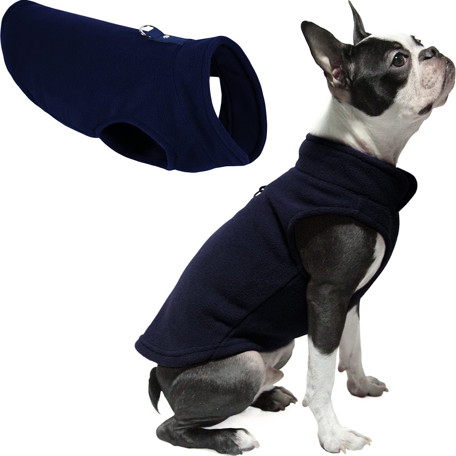 Gooby Fleece Vest Dog Sweater - Warm Winter Pullover Fleece Jacket for Small Dogs with O-Ring Leash - Navy Blue XS - Cozy Cold Weather Dog Clothes for Puppies, Boys & Girls - Perfect for Outdoor Walks, Park Visits and Winter Adventures