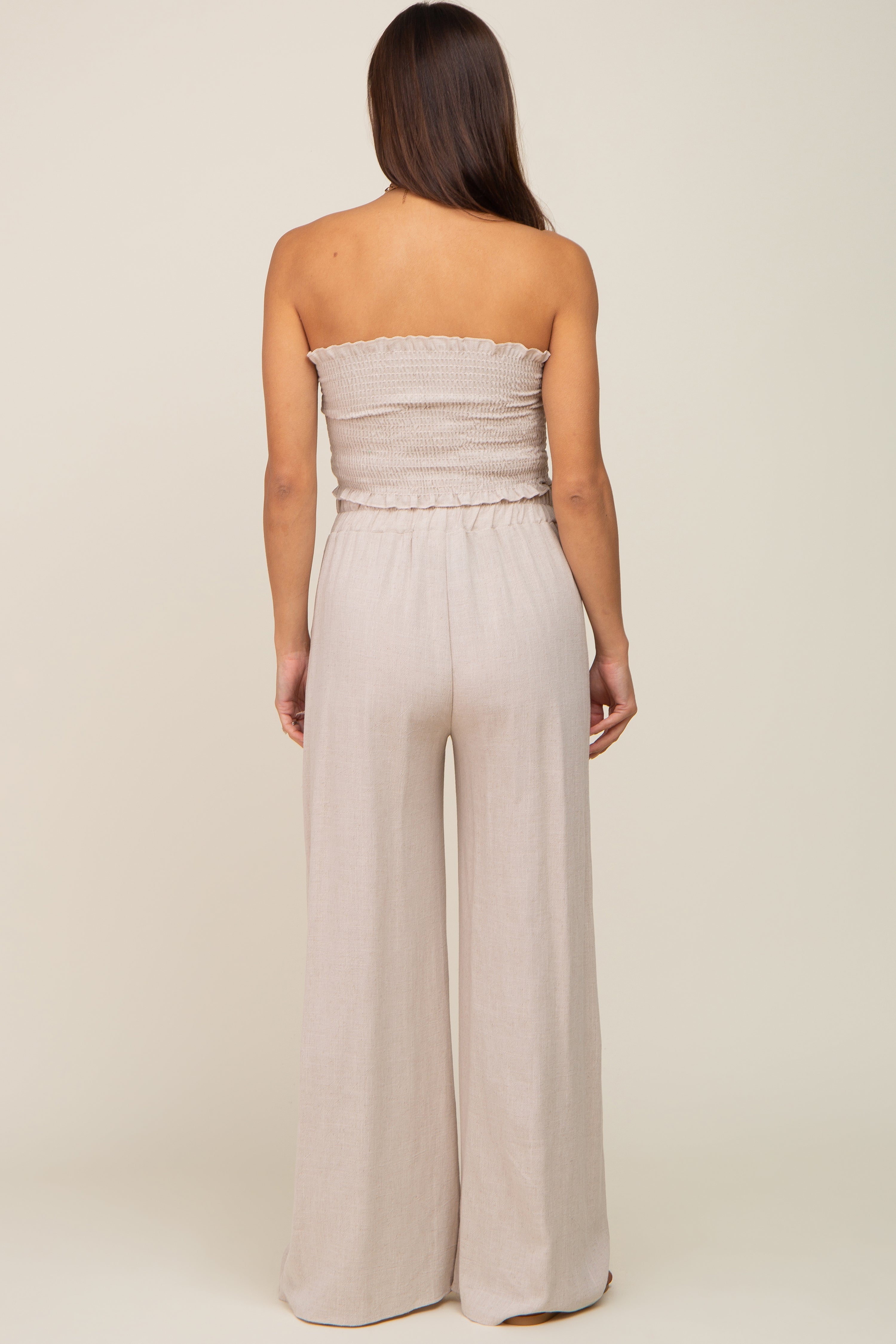 Beige Front Tie Maternity Crop Top and Pants Set - Comfortable Pregnancy Outfit for Casual Wear & Maternity Photos