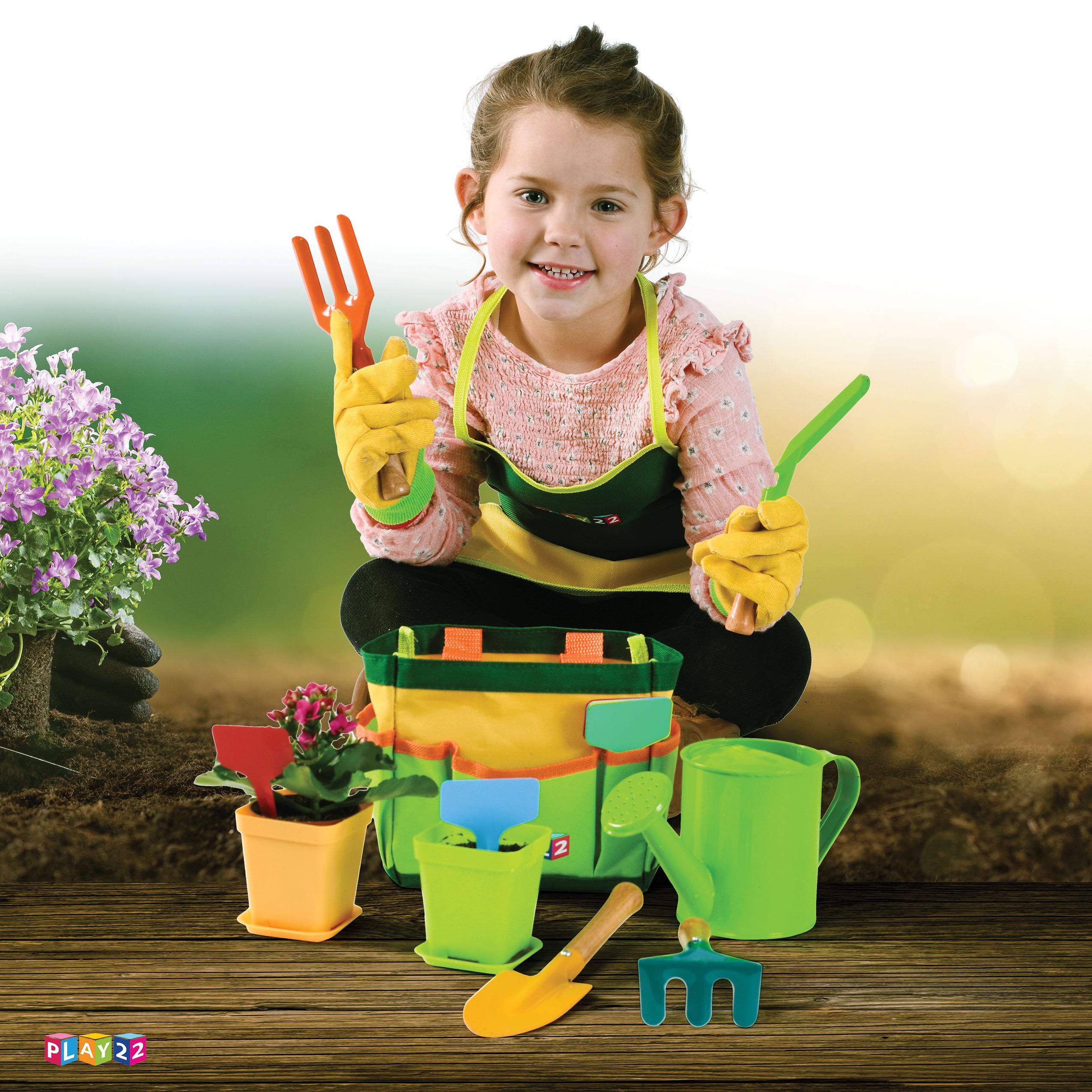 Play22 Kids Gardening Tool Set 12 PCS - Complete Gardening Kit with Shovel, Rake, Fork, Trowel, Apron, Gloves, Watering Can & Tote Bag - Best Outdoor Educational Toys for Toddlers & Children - Perfect for Backyard Planting, School Projects & Nature Exploration Activities