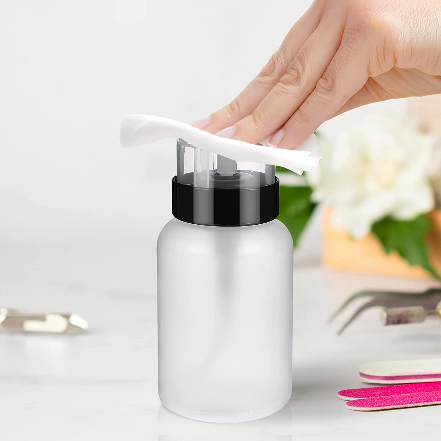 2 Pack Acetone Pump Dispenser - 200ml (6.8oz) Lockable Push Down Pump Bottle for Nail Polish Remover & Alcohol Dispensing | Perfect for Salon, Home Manicure & Makeup Removal