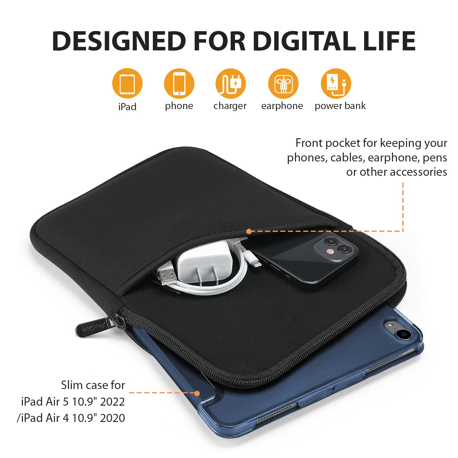 ProCase Protective Case for iPad Air 5 (10.9-inch, 2022/2020 Model) with Smart Cover & Tablet Sleeve - Navy Blue | Perfect for Work, School & Travel Protection