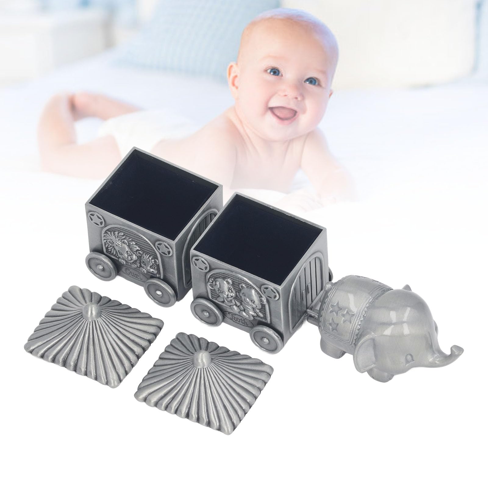 Elephant Keepsake Box Set - 2 Carriage Boxes & Elephant Statue for Baby Teeth Storage | Baby Shower Gift, Newborn Memory Organizer, First Birthday Present | Perfect for Nursery Decor and Milestone Keepsakes