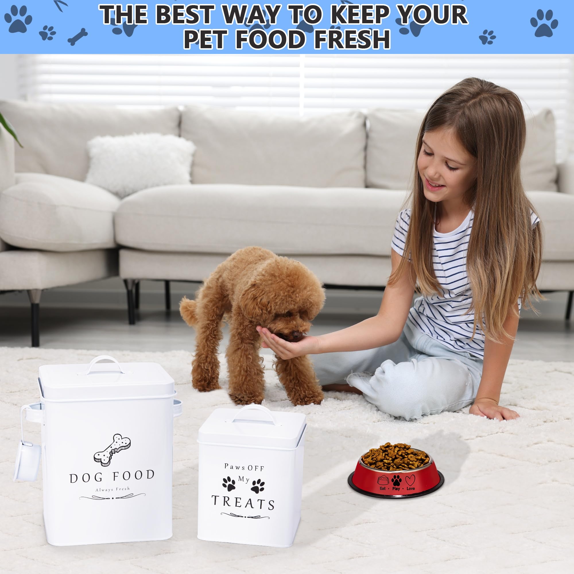 Meraki Home Small Dog Food Container with Tight Lid - Includes Feed Scoop & Pet Bowl - Farmhouse Style Metal Storage Bin for Dry Dog Food & Treats - Glossy White - Perfect for Kitchen Pantry or Pet Feeding Station Organization