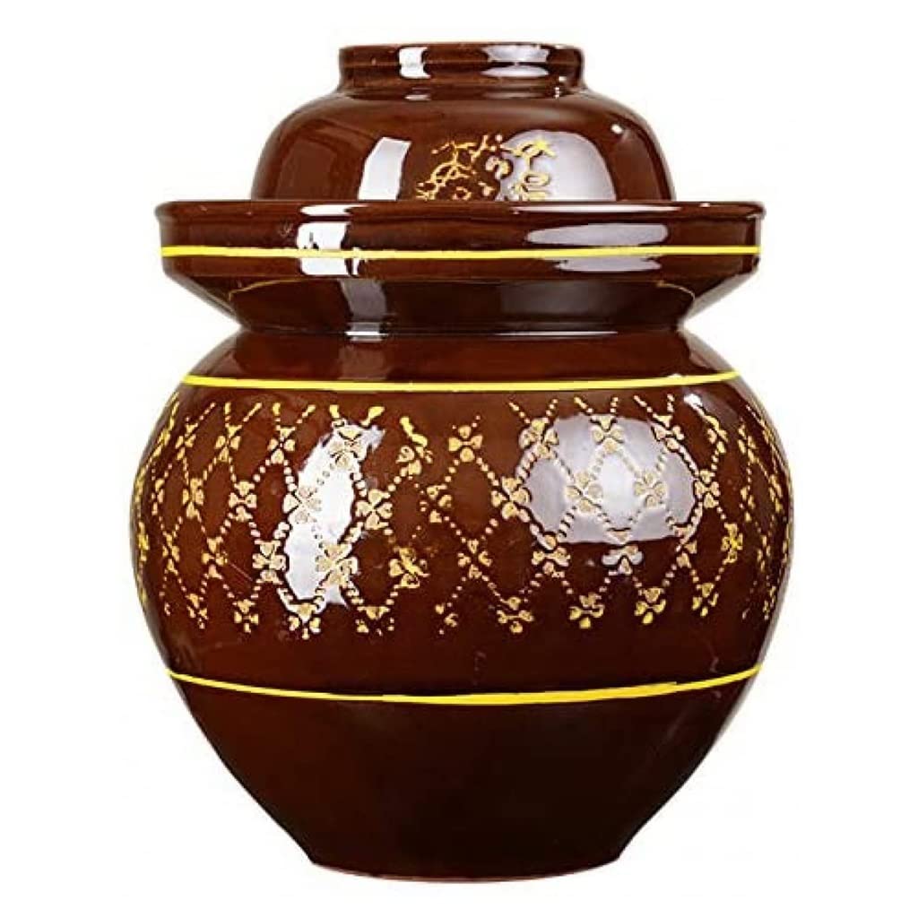 XFENG 9kg Thickened Porcelain Pickling Jar with Lid - Ceramic Kimchi Fermentation Pot for Homemade Pickles, Sauerkraut, Turnip & Cabbage - Airtight Food Storage Container with Floral Pattern (Brown) - Perfect for Kitchen, Pantry & DIY Fermenting Projects