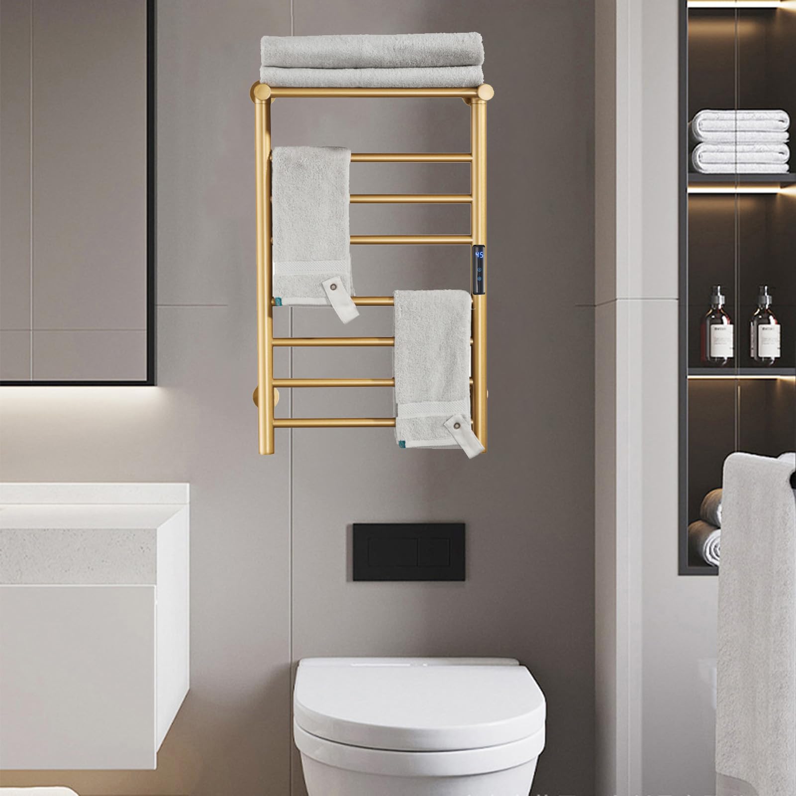 Premium 70W Electric Heated Towel Rack with Built-in Timer & LED Indicators - 7-Bar Gold Wall Mounted Towel Warmer with Top Shelf (1H-8H Timer Modes) | Bathroom Luxury, Spa Experience & Quick Drying Solution for Hotels & Homes