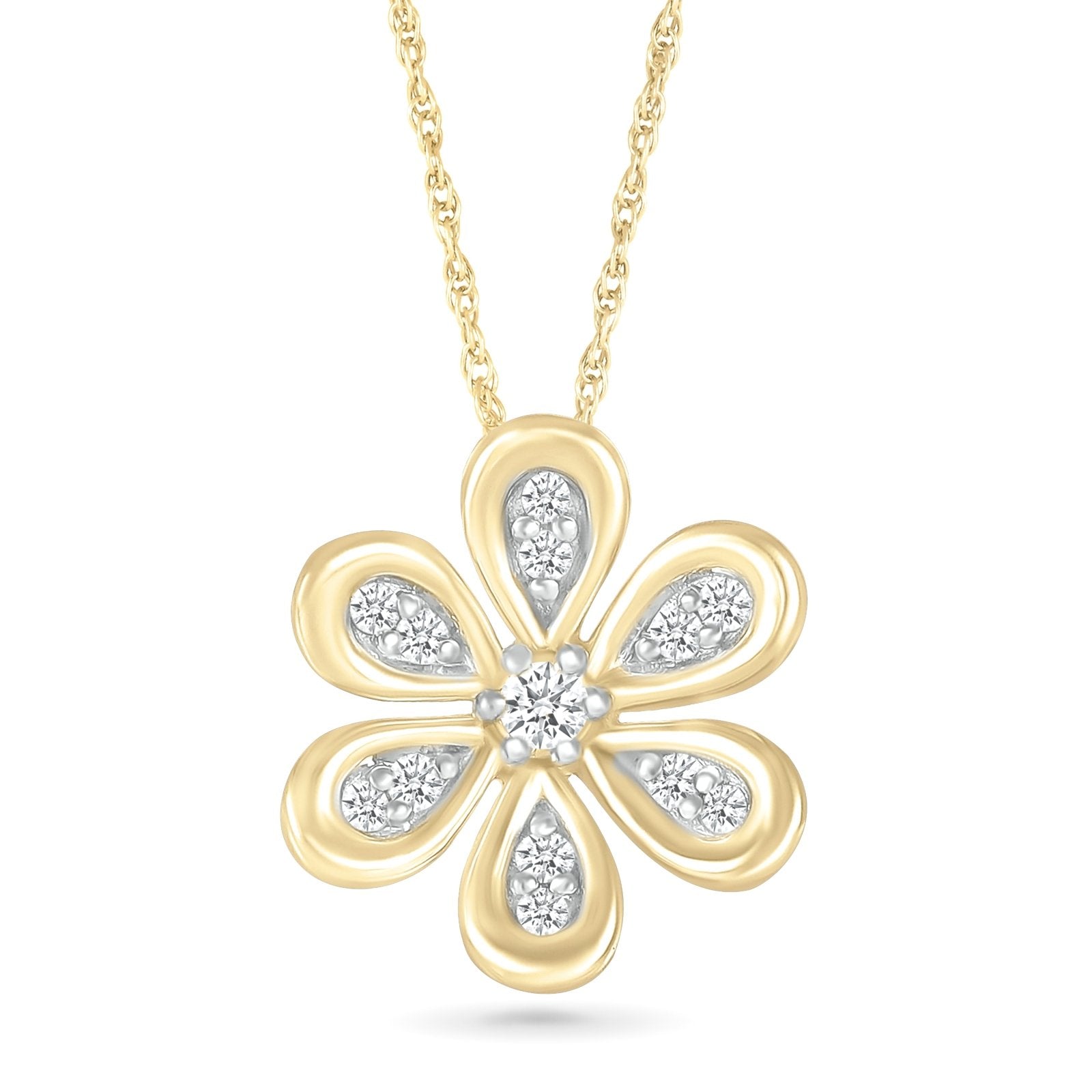 10K Yellow Gold Diamond Flower Pendant Necklace - Six Petal Floral Design with Bezel Setting - Perfect for Weddings, Anniversaries & Special Occasions