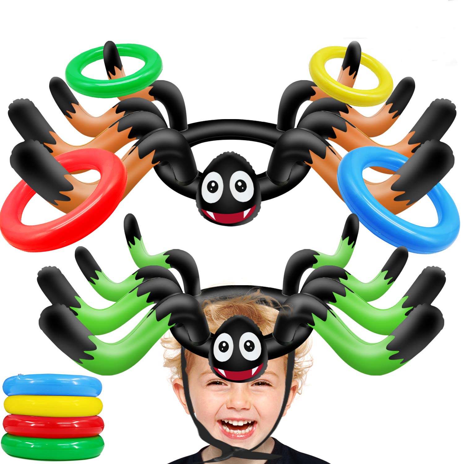 10 PCS Giant Halloween Ring Toss Game Set - Inflatable Spider Toy for Kids & Adults - Indoor/Outdoor Carnival Party Games - Perfect for Halloween Parties, School Events & Family Gatherings (Includes 2 Giant Spiders & 8 Rings)