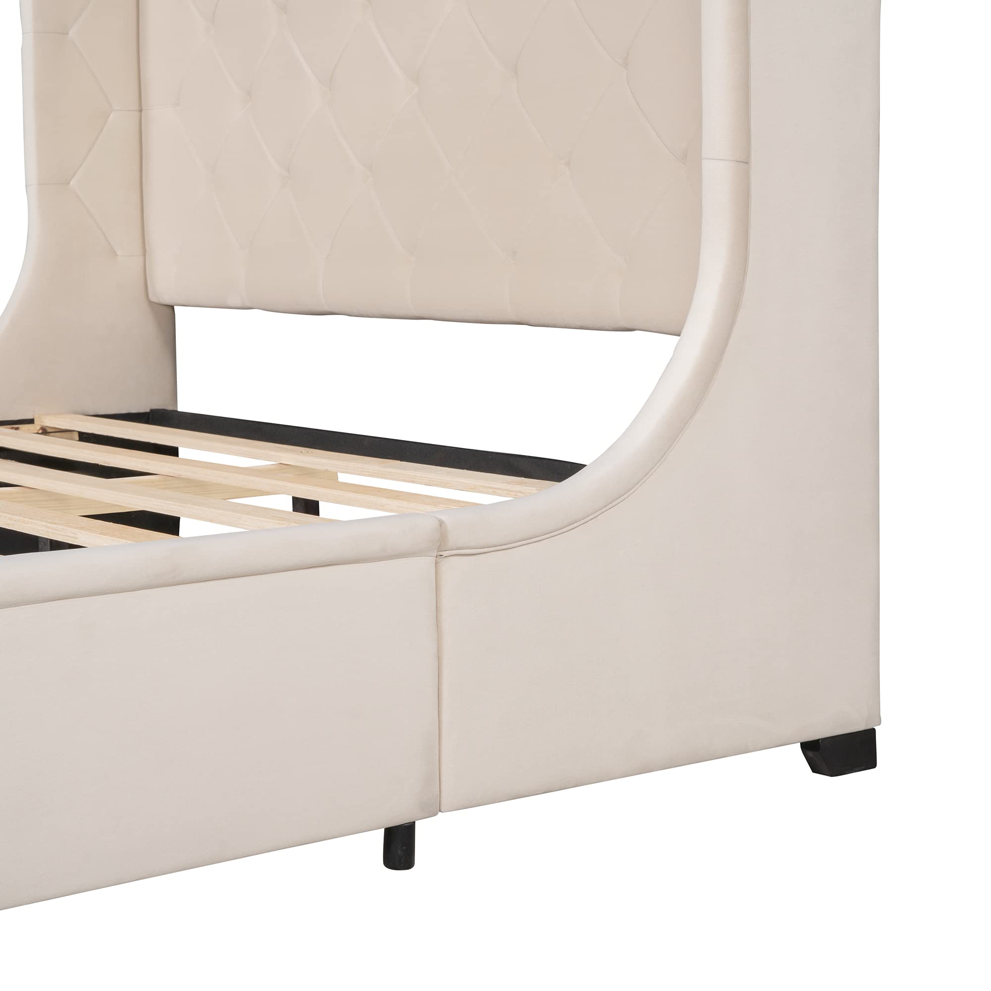 Luxury Velvet Upholstered Platform Bed Frame with Wingback Headboard & Storage Drawer - Queen Size Bed No Box Spring Needed, Easy Assembly (Beige) | Modern Bedroom Furniture for Master Suite, Guest Room & Apartment
