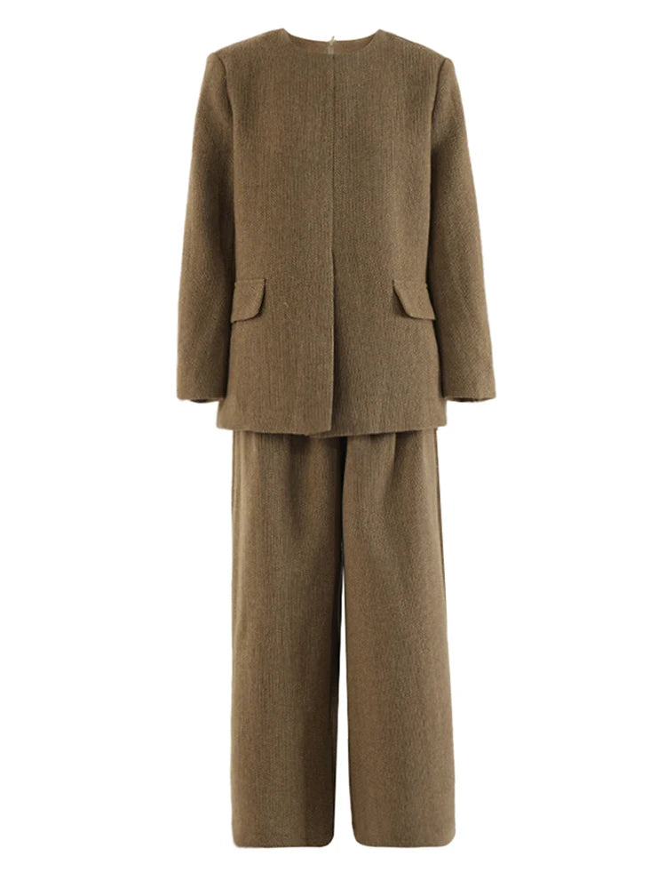 Women's Big Size Khaki Blazer & Wide Leg Pants Two-Piece Suit - O Neck Long Sleeve Fashion Set for Spring Autumn 2025 | Office Wear, Business Casual & Special Occasion Outfits