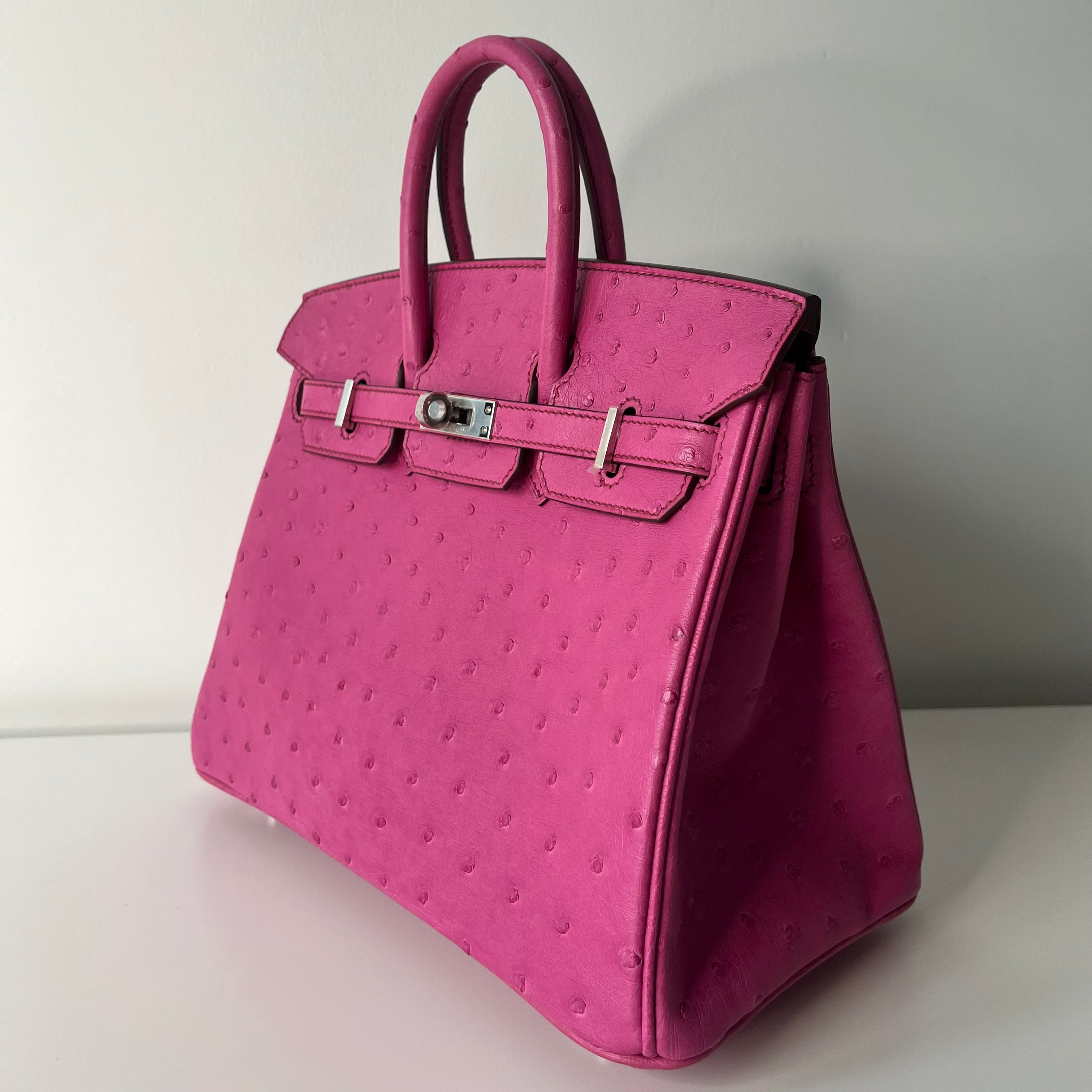 Hermes Birkin 25 Handbag in Fuchsia Ostrich Leather with Palladium Hardware - Luxury Designer Purse for Women, Perfect for Parties, Work & Everyday Use