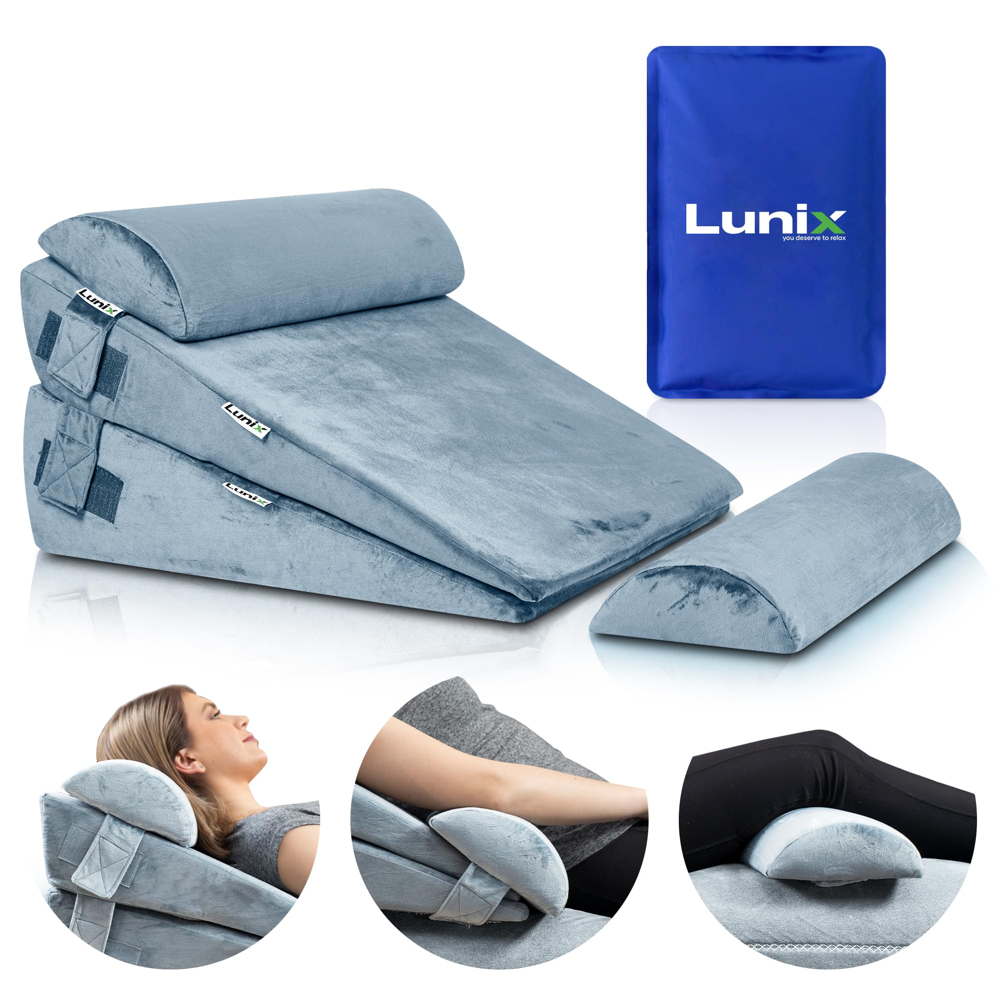4pcs Orthopedic Bed Wedge Pillow Set - Post Surgery Memory Foam Pillows for Back, Leg & Knee Pain Relief - Adjustable Sitting Support for Sleeping, Acid Reflux & GERD - Includes Hot/Cold Pack (Gray) - Perfect for Recovery, Reading & Comfortable Sleep