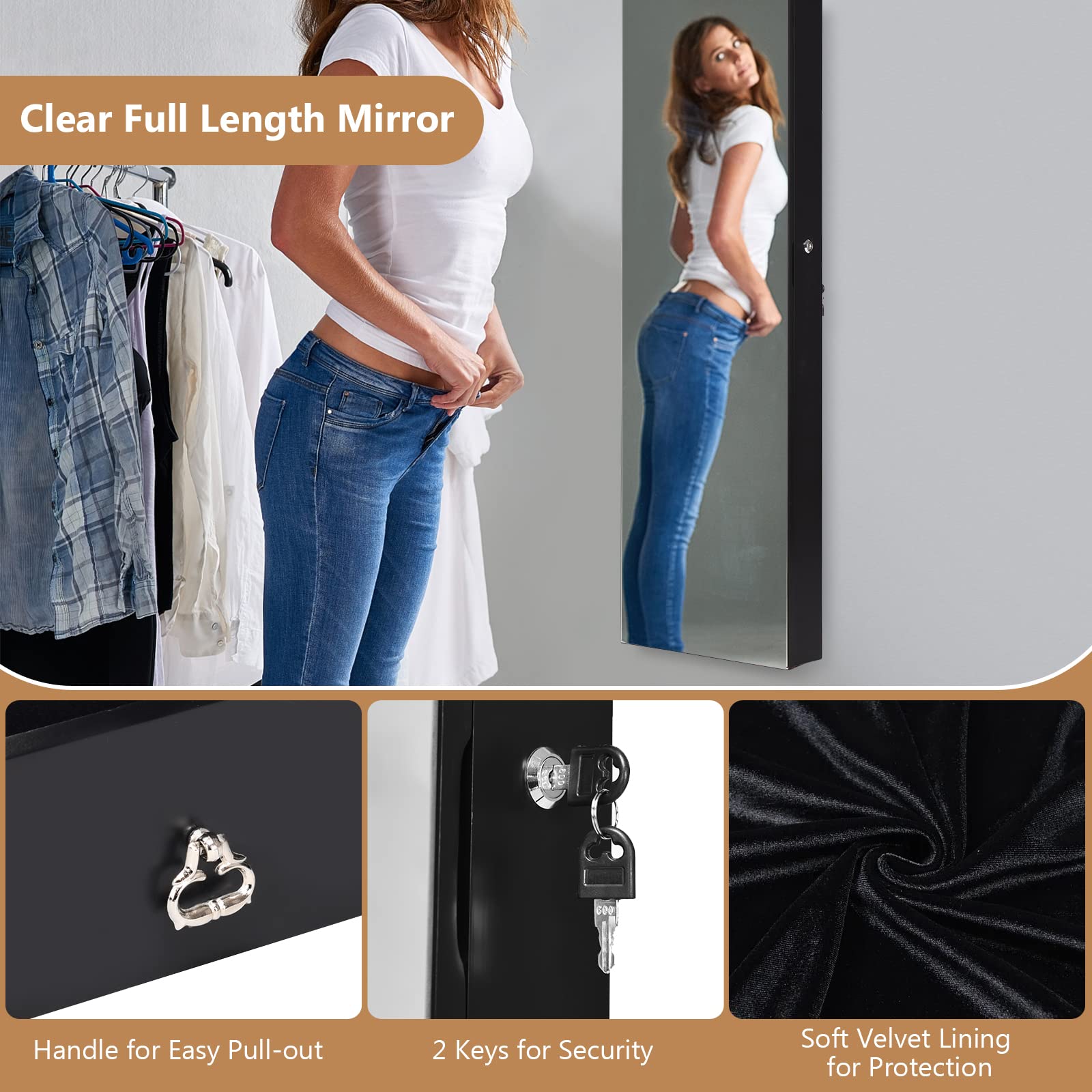 COSTWAY Hanging Jewelry Organizer with Full-Length Mirror & LED Lights - Wall Mount Jewelry Cabinet with Lock, Large Storage for Necklaces, Rings, Earrings - Perfect for Bedroom, Closet & Dressing Room (Black)