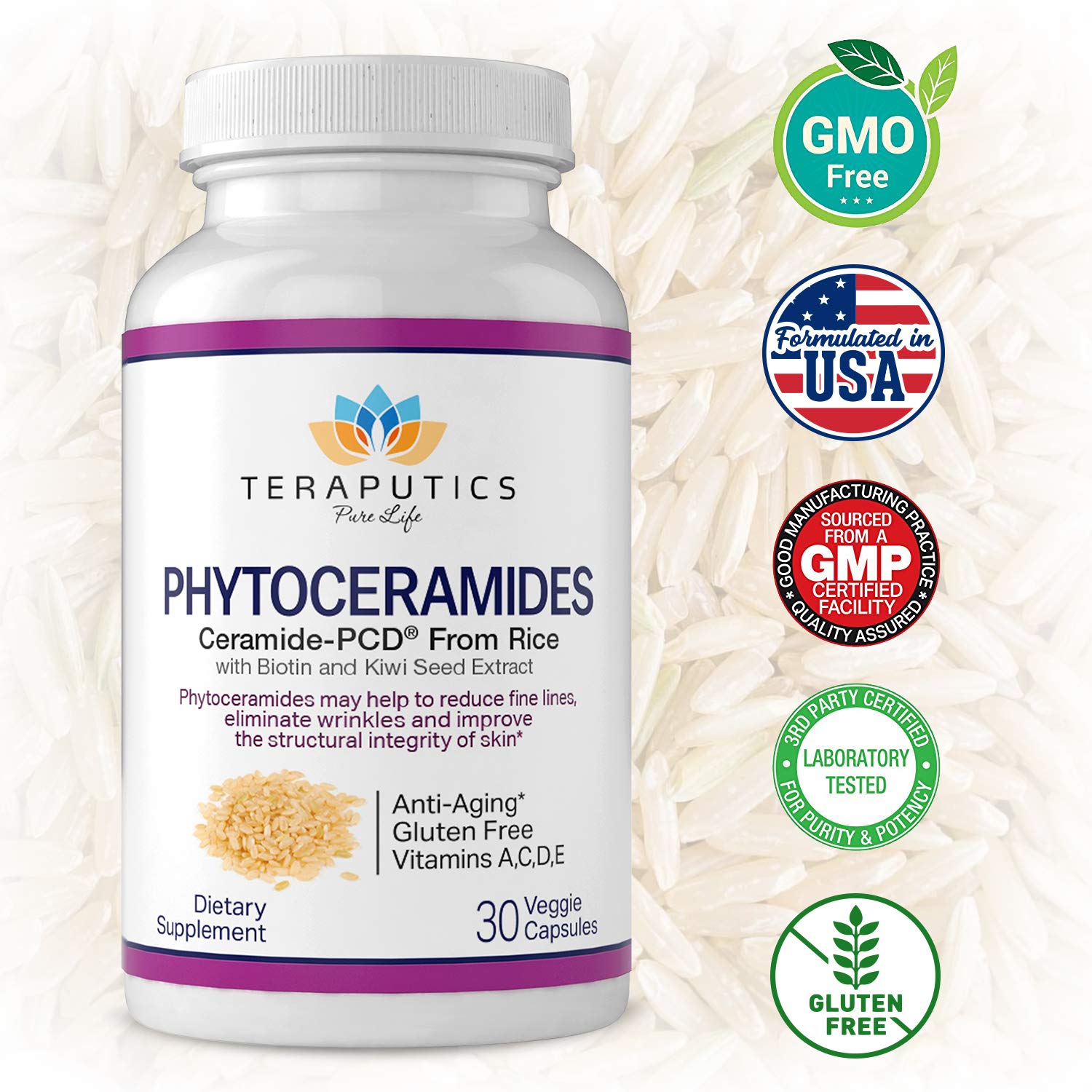 Phytoceramides Ceramide-PCD® Rice Extract with Biotin & Kiwi Seed - Non-GMO Gluten Free Hair Skin & Nails Supplement - Reduce Wrinkles, Strengthen Hair & Nails - 30 Vegan Capsules for Anti-Aging & Beauty Care