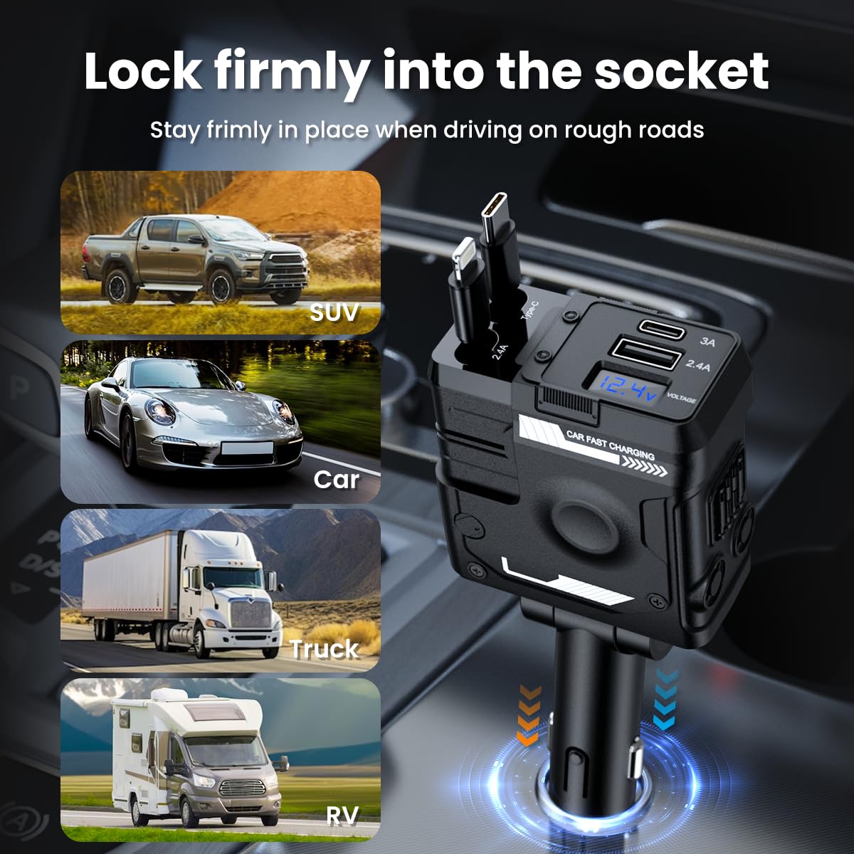 65W 4-in-1 Retractable Car Charger - Fast USB C Car Phone Charger Compatible with iPhone 16/16 Pro Max/15/15 Pro Max/14/13/12/11, Galaxy S23/S22/S21, Pixel 7/6 - Perfect for Road Trips & Daily Commutes