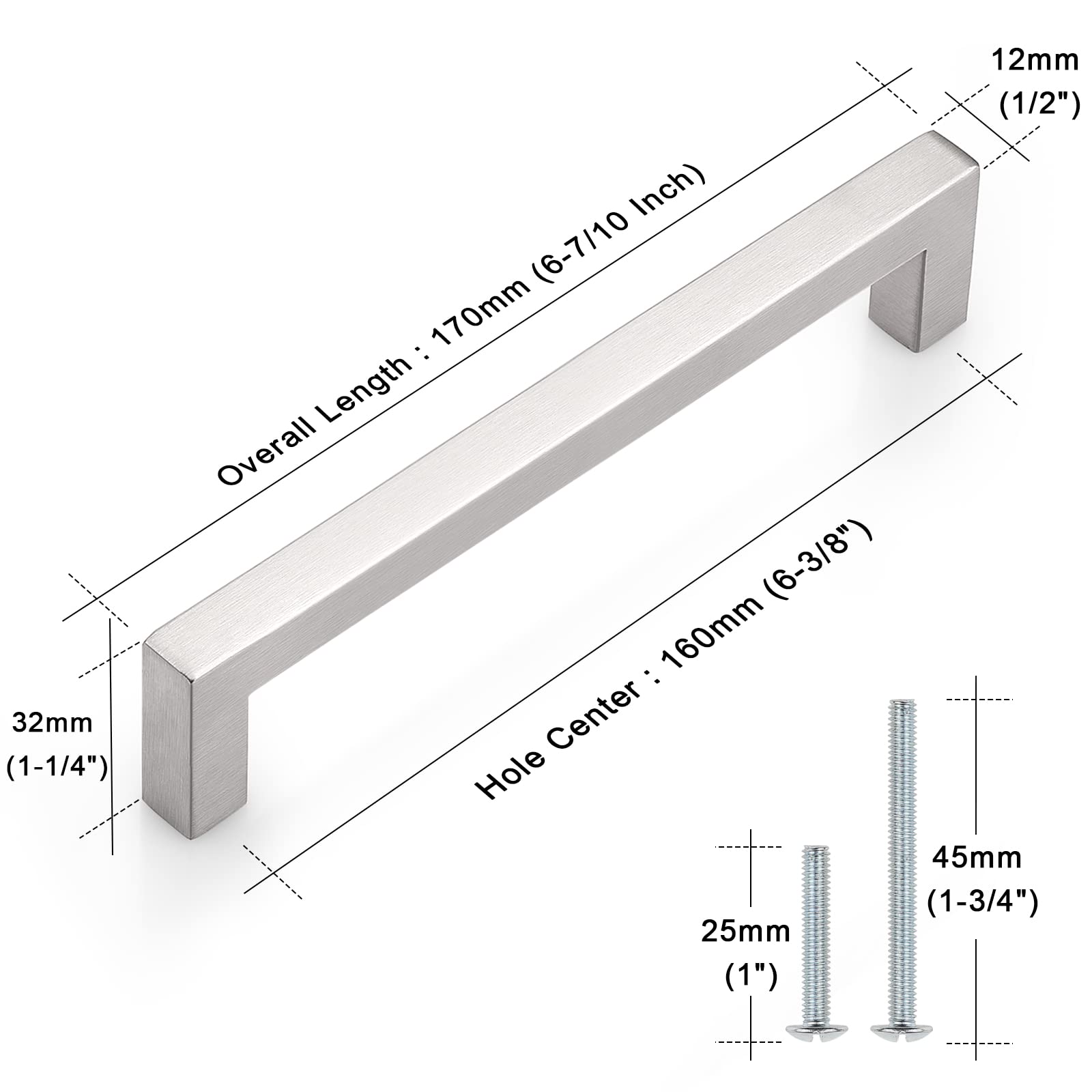 Probrico 5 Pack Brushed Nickel Square Kitchen Cabinet Handles - Modern Drawer Pulls 6-3/10in (160mm) Hole Centers - Stainless Steel Cabinet Hardware for Dresser, Bathroom & Office Furniture