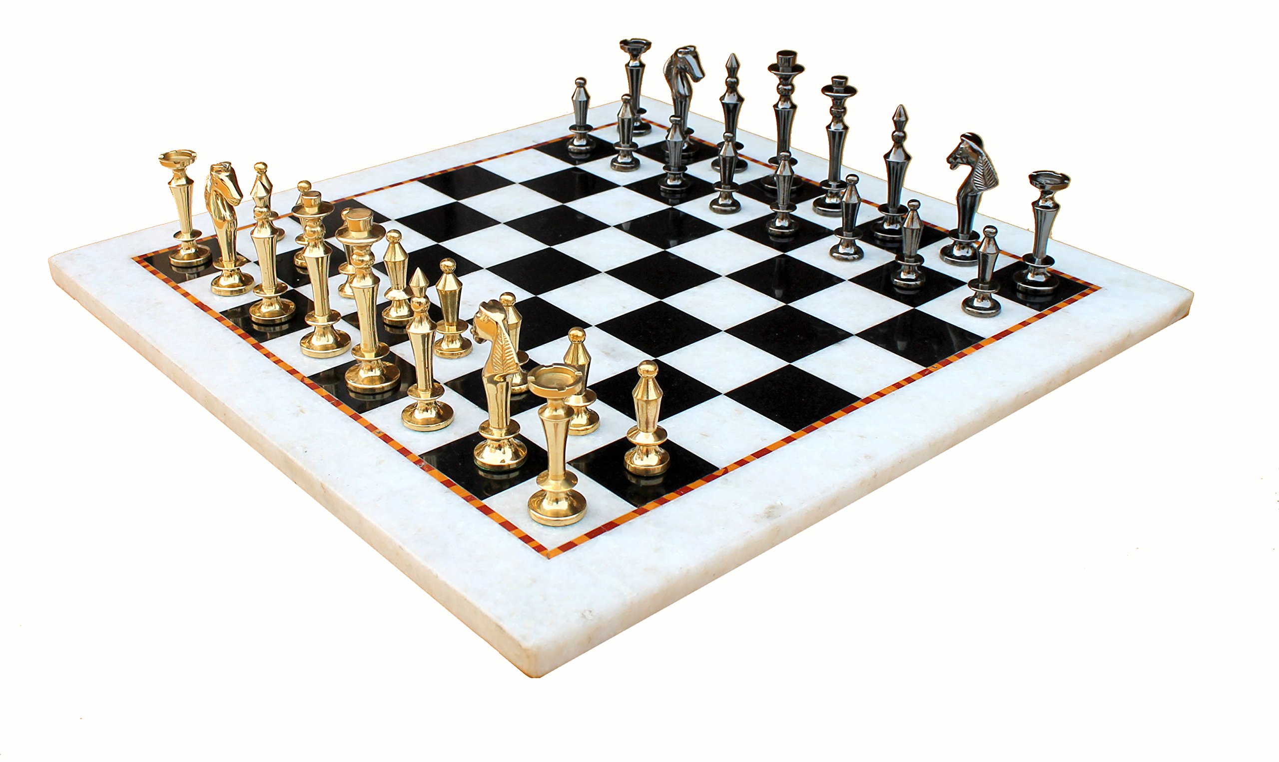 Premium White & Black Marble Chess Set with Brass Pieces - 15