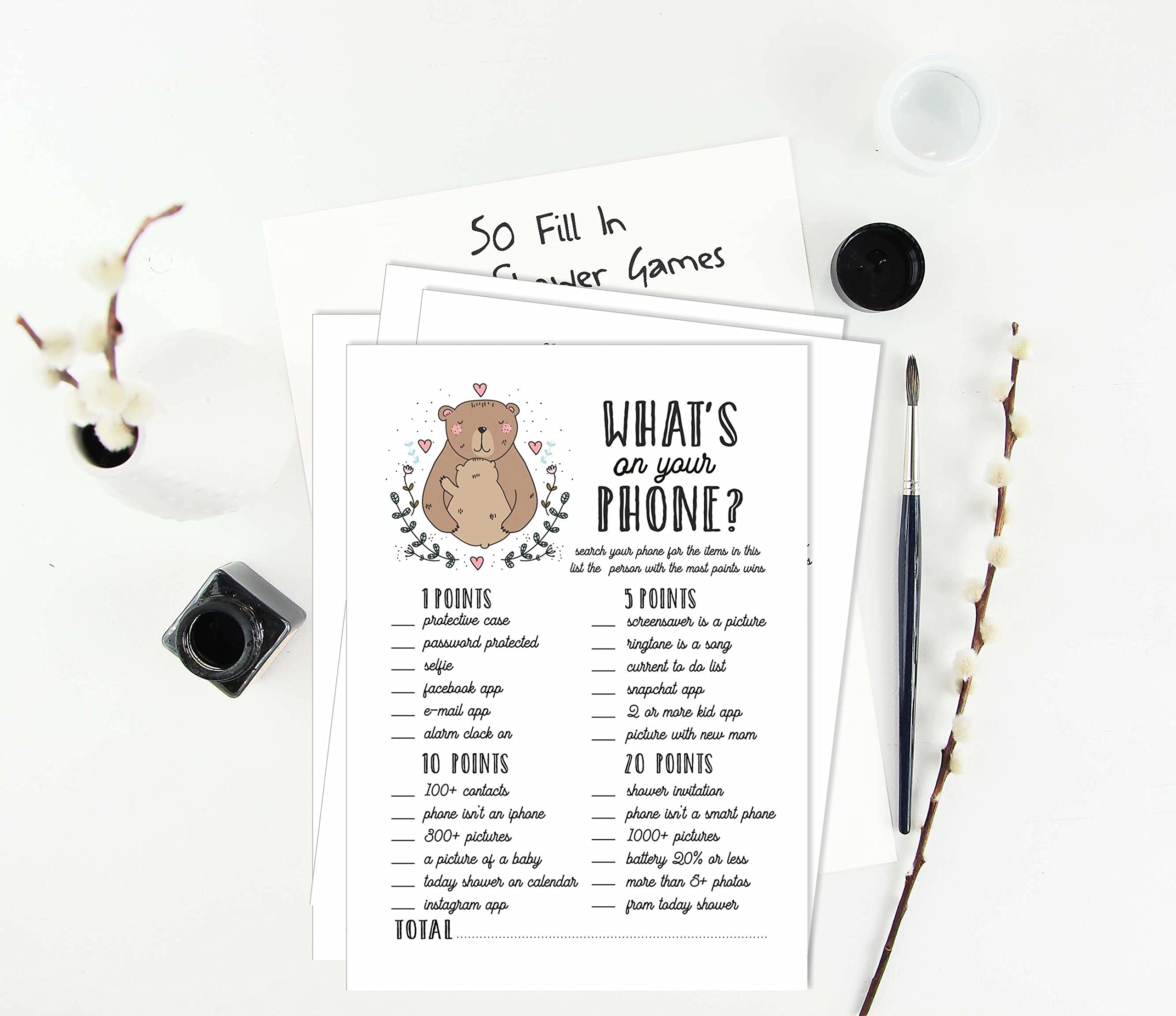 50 Sheets What's in Your Phone Baby Shower Game Cards - Gender Neutral Baby Shower Activity for Coed Parties - Fun Bear Animal Theme Baby Shower Supplies - Perfect for Virtual or In-Person Celebrations
