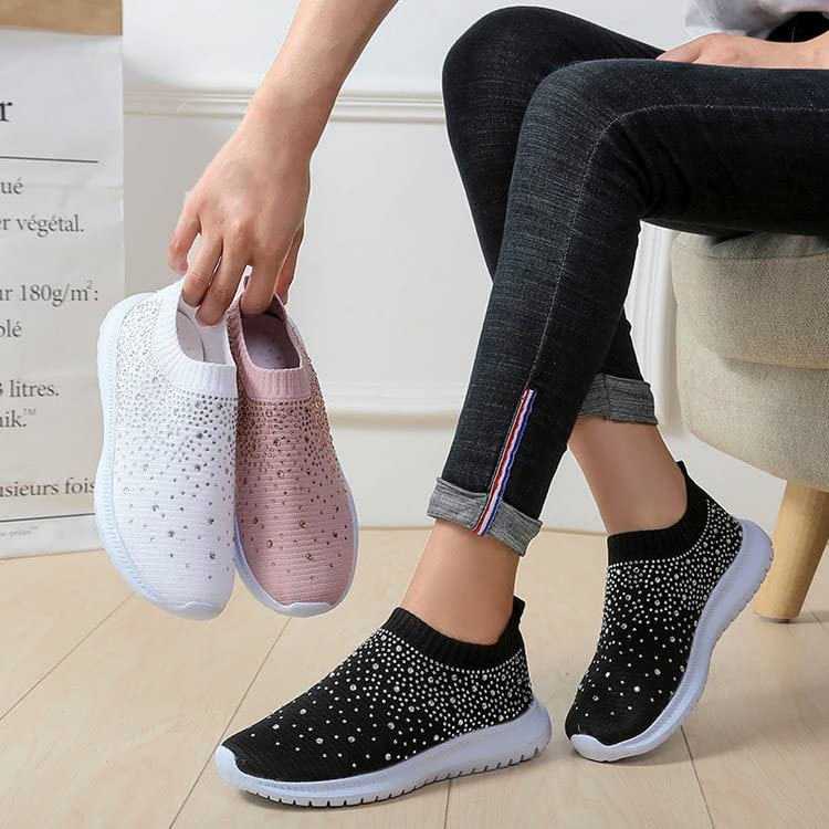 AngryMonkey Women's Rhinestone Mesh Slip-On Sneakers - Non-Slip, Breathable, Lightweight Casual Shoes with Arch Support for Nurses, Walking & Workout | Perfect for Nursing, Gym & Everyday Wear