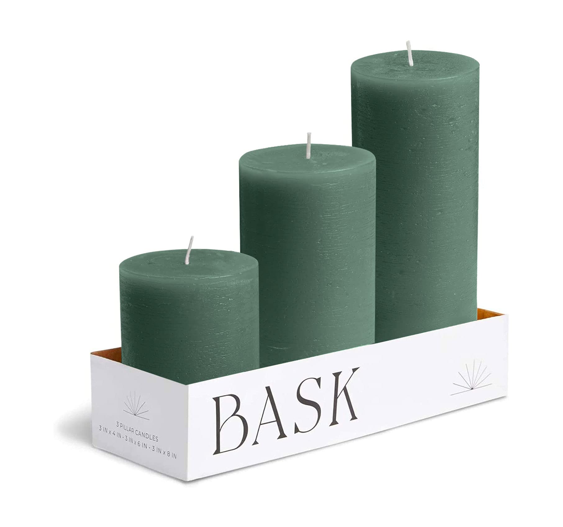 BASK Mottled Dark Green Unscented Pillar Candles Set of 3 - Dripless Large Smokeless Candles for Weddings, Home Decor, Holidays & Special Occasions