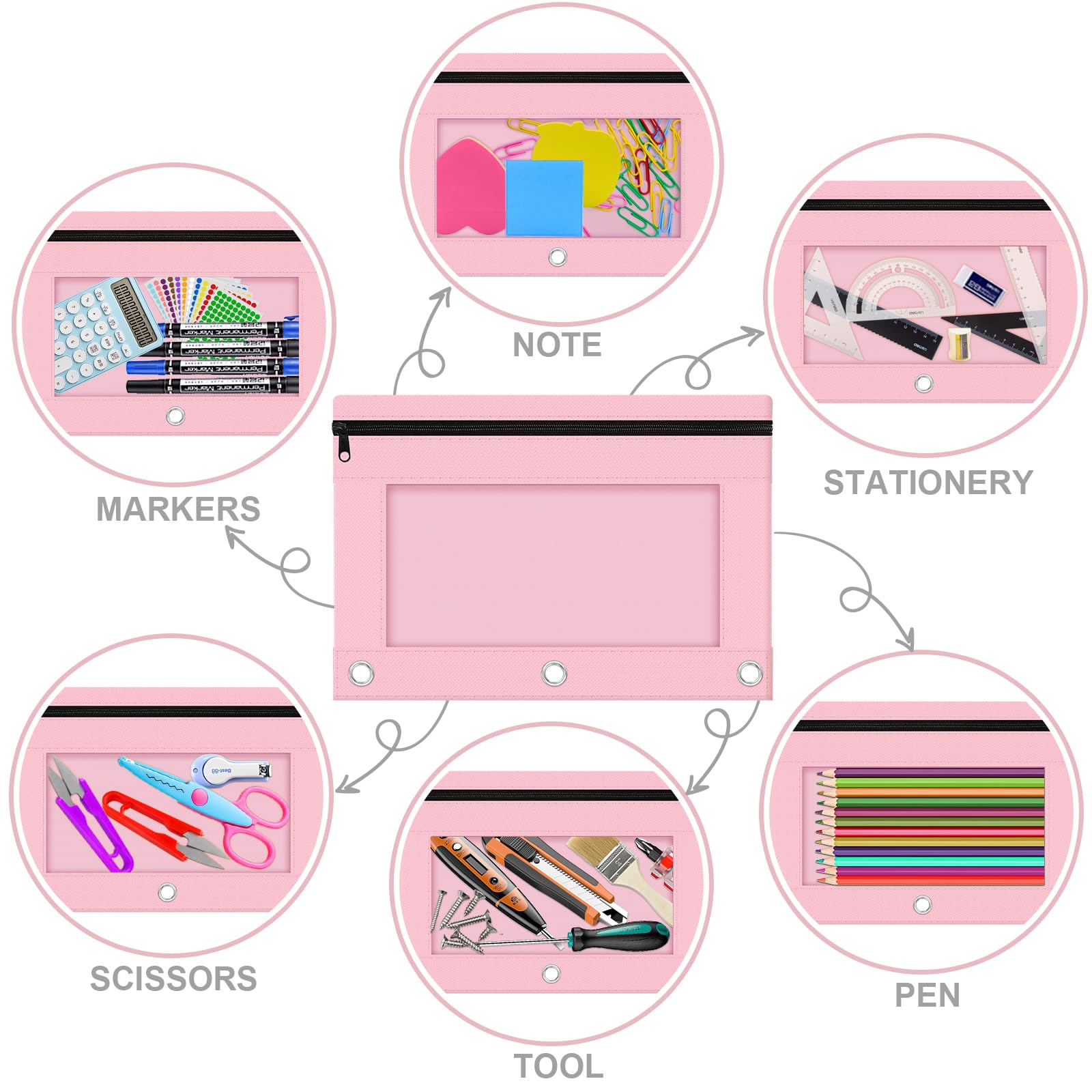 Officygnet 2-Pack Zippered Pencil Pouch for 3-Ring Binder - Clear Window School & Office Supply Organizer - Cloth Pencil Case with 3-Hole Binder Fit (Pink) - Perfect for Students, Teachers & Office Organization