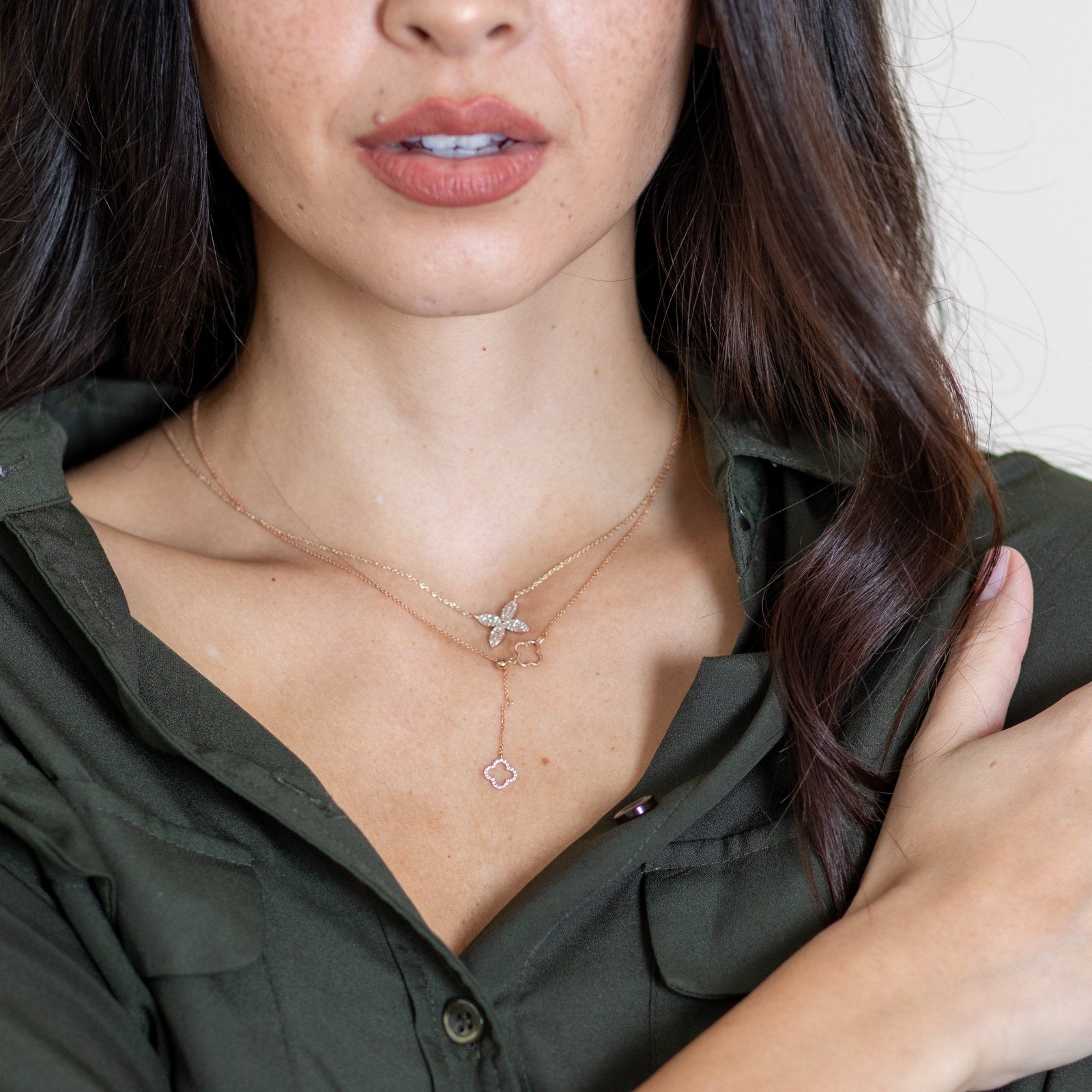 14K Rose Gold Diamond Pavé Flower Necklace - Four Petal Floral Pendant Jewelry for Women, Perfect Gift for Anniversary, Valentine's Day & Special Occasions