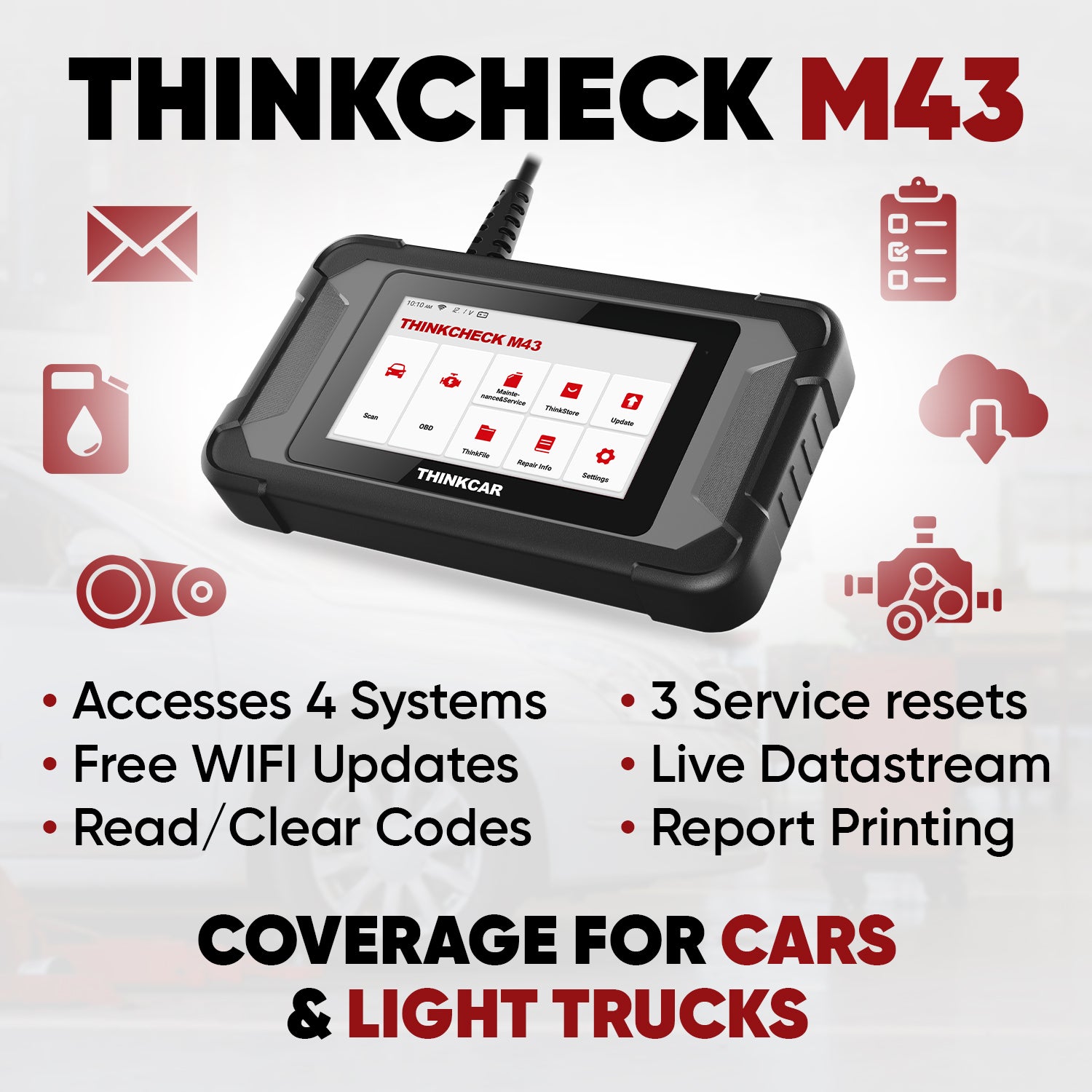 THINKCHECK M43 OBD2 Scanner - 5-in-1 Car Diagnostic Tool for ABS, SRS, ECM, TCM - Vehicle Code Reader for Engine, Transmission & Safety Systems - Perfect for DIY Mechanics & Professional Auto Repair Shops