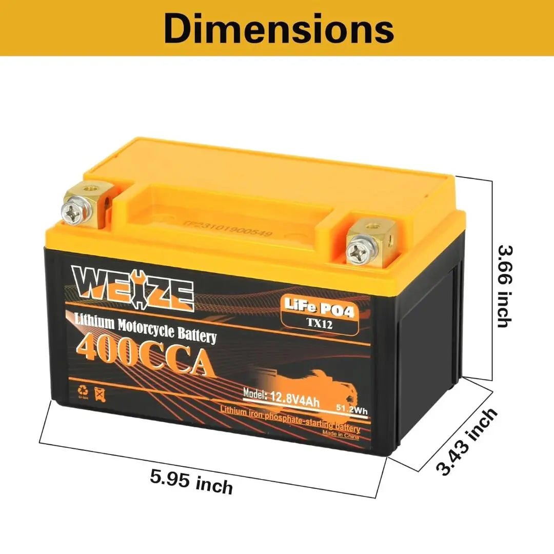 WEIZE 12V 4AH 400CCA LiFePO4 Lithium Motorcycle Battery - Lightweight & Long-Lasting Power for Harley, Honda, Yamaha & More - Perfect for Cruisers, Sport Bikes & Off-Road Adventures