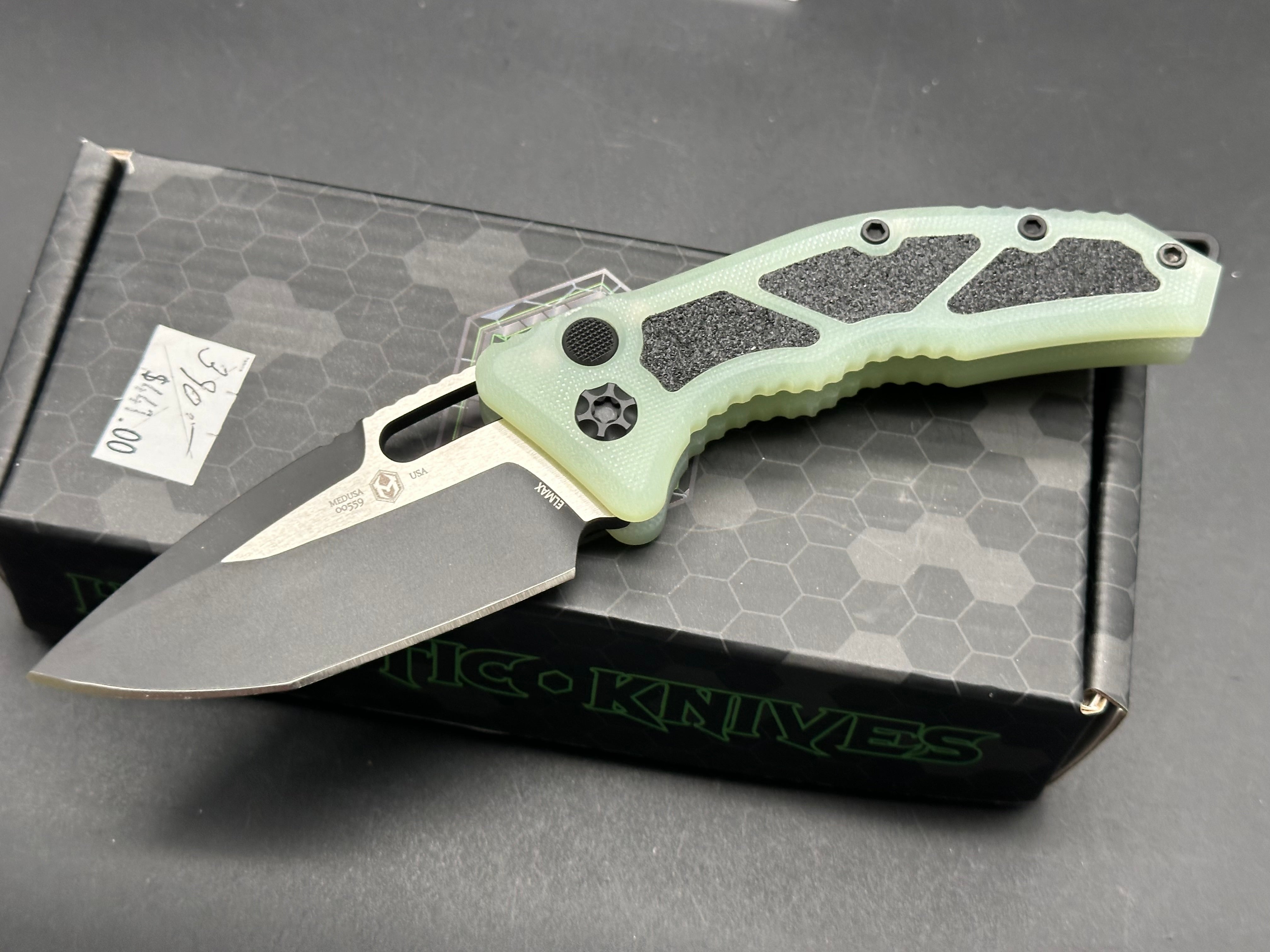 Heretic Knives Medusa Automatic Knife - Black Tanto Blade with Jade G10 Handle - Tactical EDC, Outdoor Survival & Everyday Carry Knife