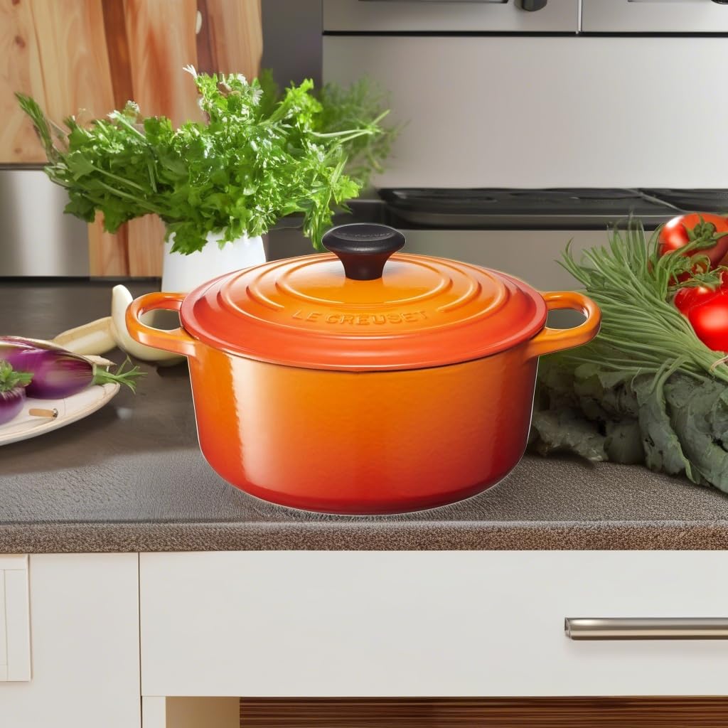 Le Creuset Signature Enameled Cast Iron Dutch Oven 4.5 Quart Round Pot - Flame Color - Perfect for Braising, Stewing & Baking - Ideal for Home Cooking & Kitchen Gifts