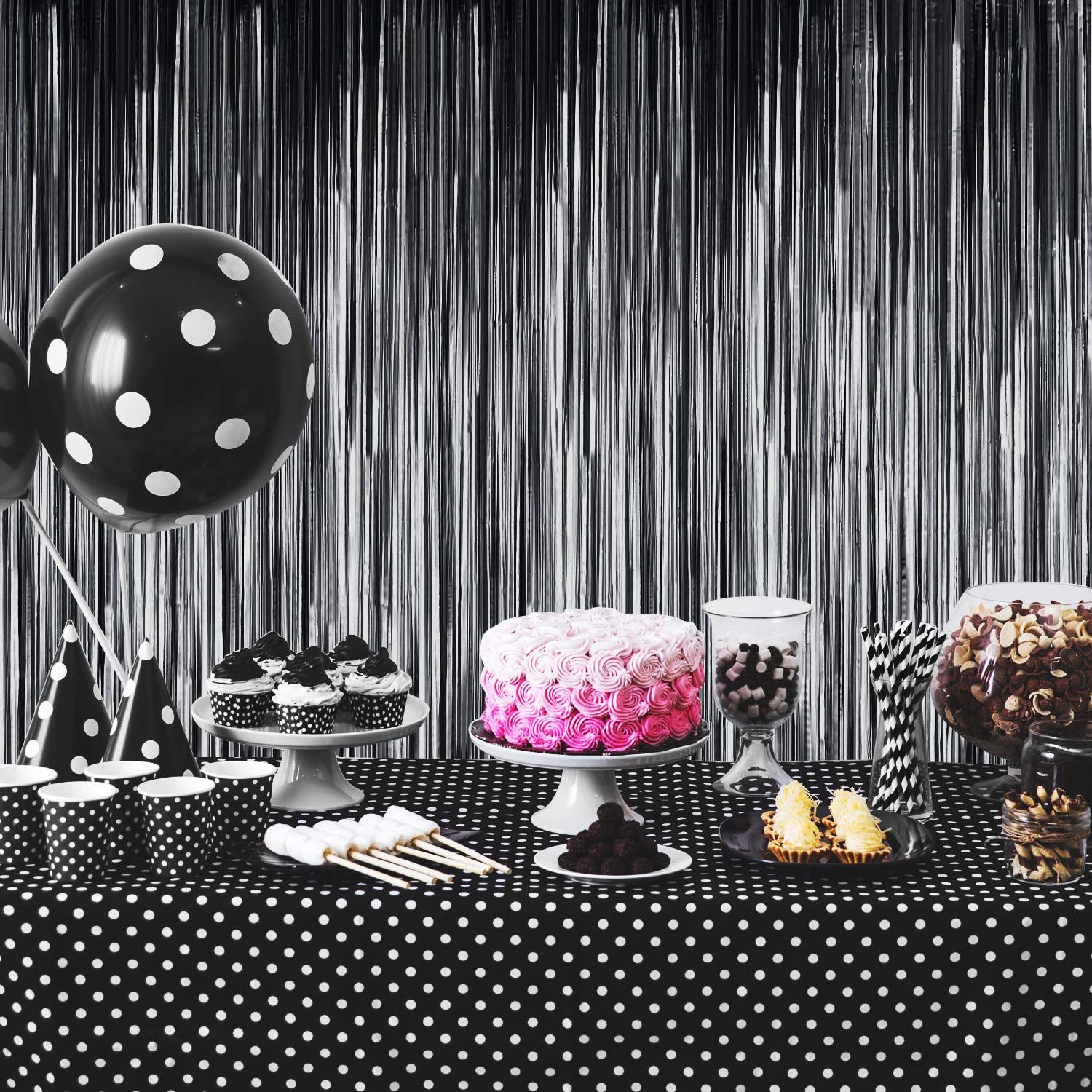 4 Pack Foil Fringe Curtains Backdrop - Metallic Tinsel Streamers for Photo Booth, Wedding, Birthday, Halloween, Christmas & Disco Party Decorations (Matte Gold & Matte Black) - Perfect for Doorways, Walls & Event Backgrounds