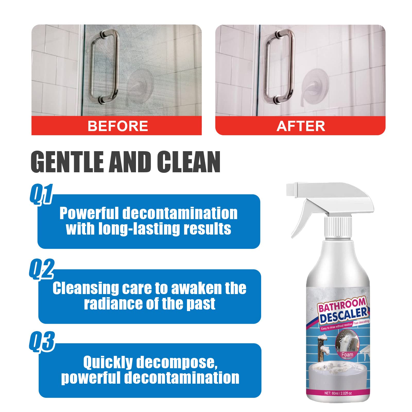 60ml/2.02oz Heavy Duty Stain & Limescale Remover | Bathroom Descaler & Foam Cleaner Spray | Multi-Surface Cleaning Foam for Shower, Sink, Tile & Toilet (2-Pack) – Perfect for Deep Cleaning Bathrooms & Removing Tough Stains