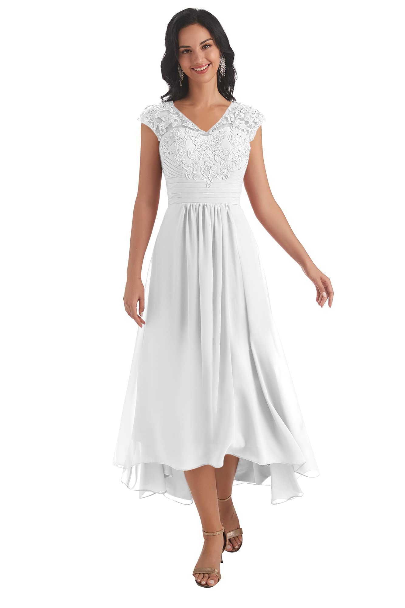 Elegant Lace Chiffon Tea-Length Mother of the Bride Dress with Pockets & Cap Sleeves - Formal Wedding Guest Dress for Special Occasions & Evening Events