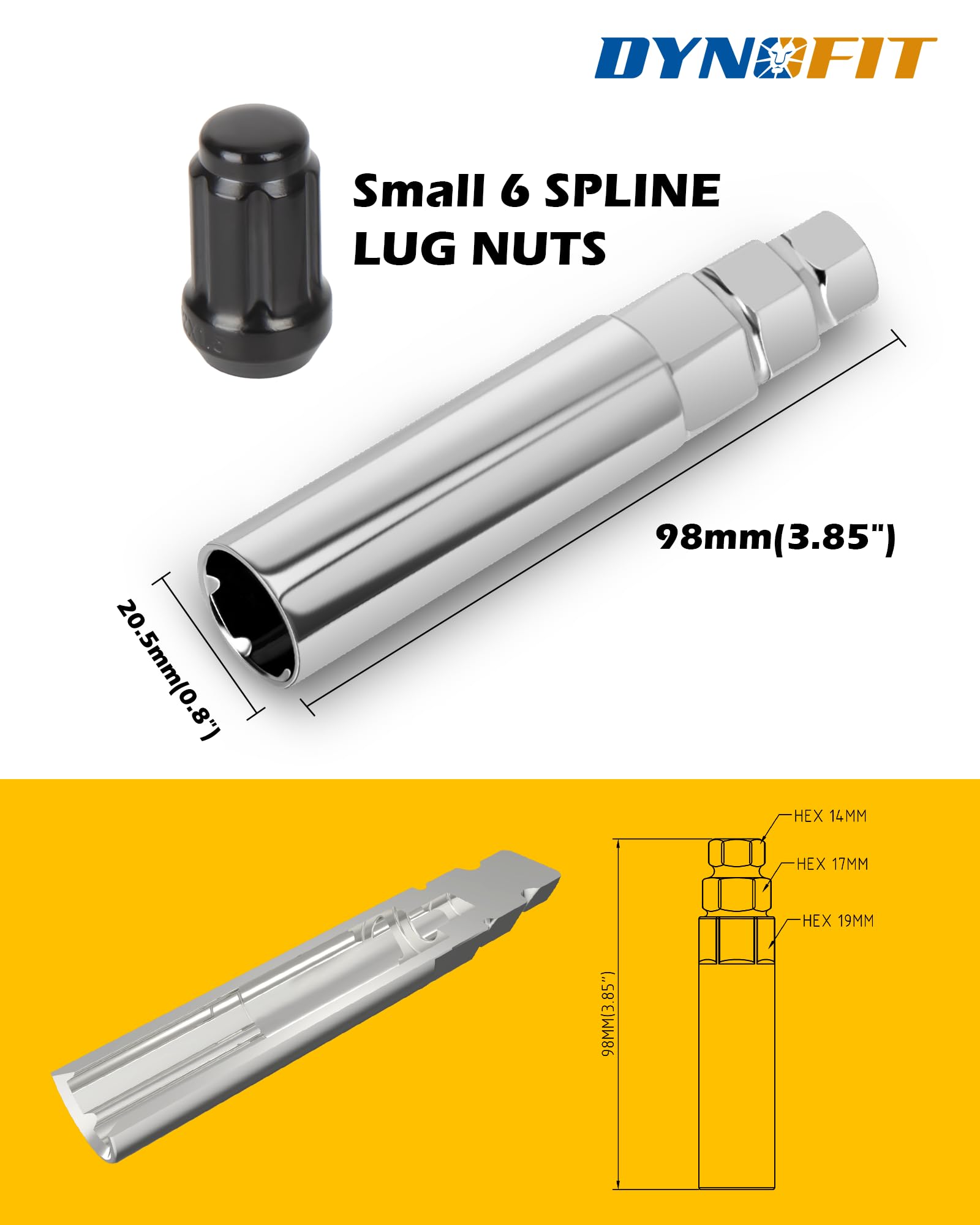 Dynofit 6 Spline Lug Nuts Socket Key - Universal Chrome Spike Lug Nut Wrench Tool for 19mm, 17mm, 14mm Hex - Fits M12X1.5, 12X1.25, 1/2