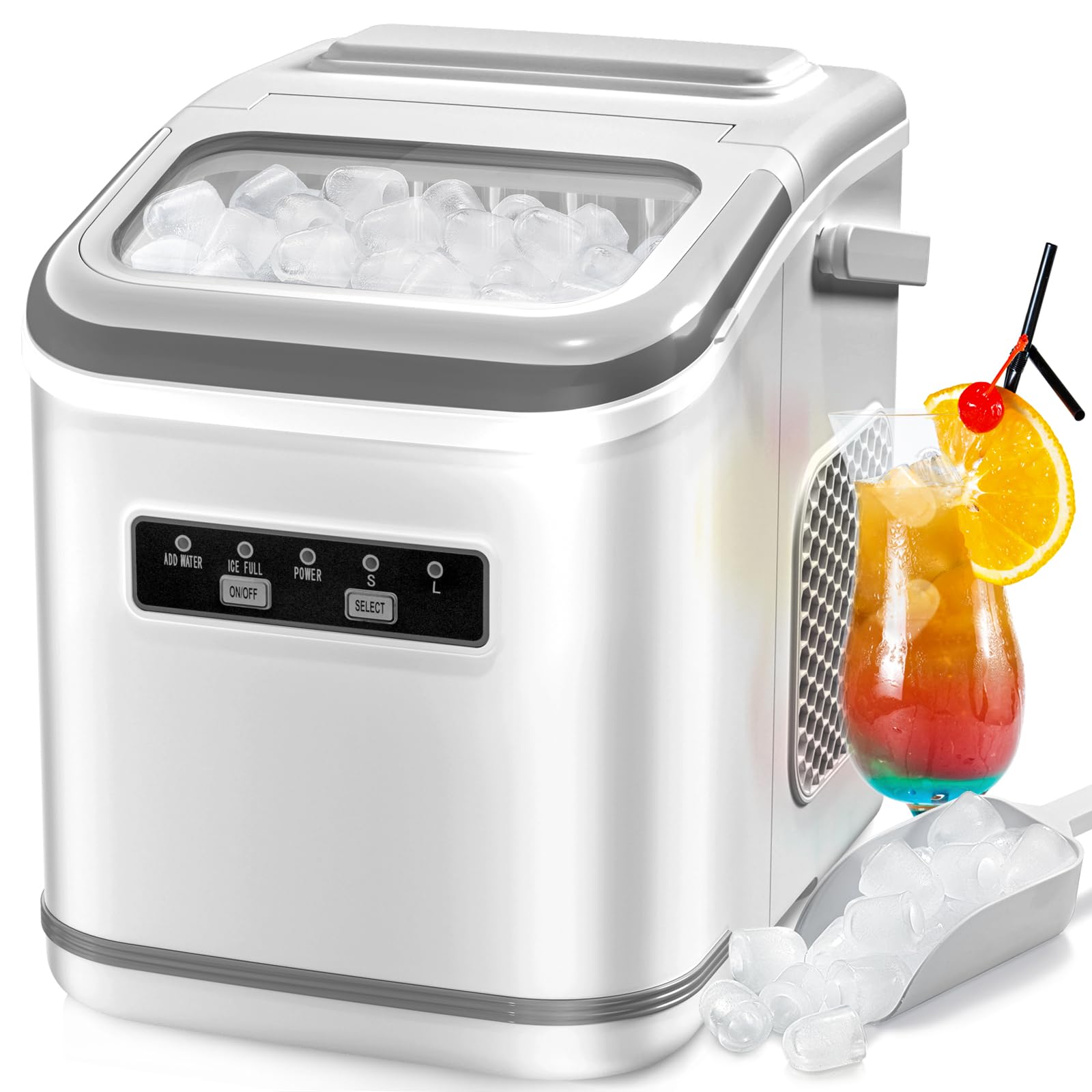 R.W.FLAME Countertop Ice Maker - 9 Bullet Ice Cubes in 6 Minutes, 26.5lbs/24Hrs, Self-Cleaning Portable Ice Machine with Basket & Scoop - Perfect for Home, Office, Kitchen, Bar & Party Use (White)