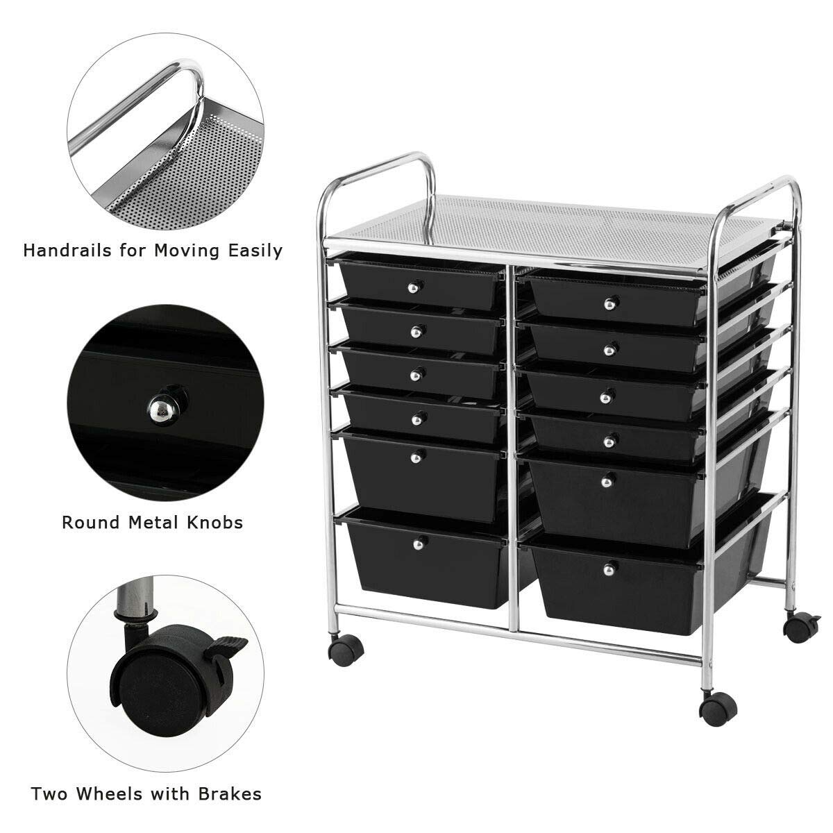 12-Drawer Rolling Storage Cart with Black Organizer Bins - Lightweight & Easy to Move for Scrapbook Paper, Studio Supplies - Perfect for Home Office, Garage, School & Craft Room Organization