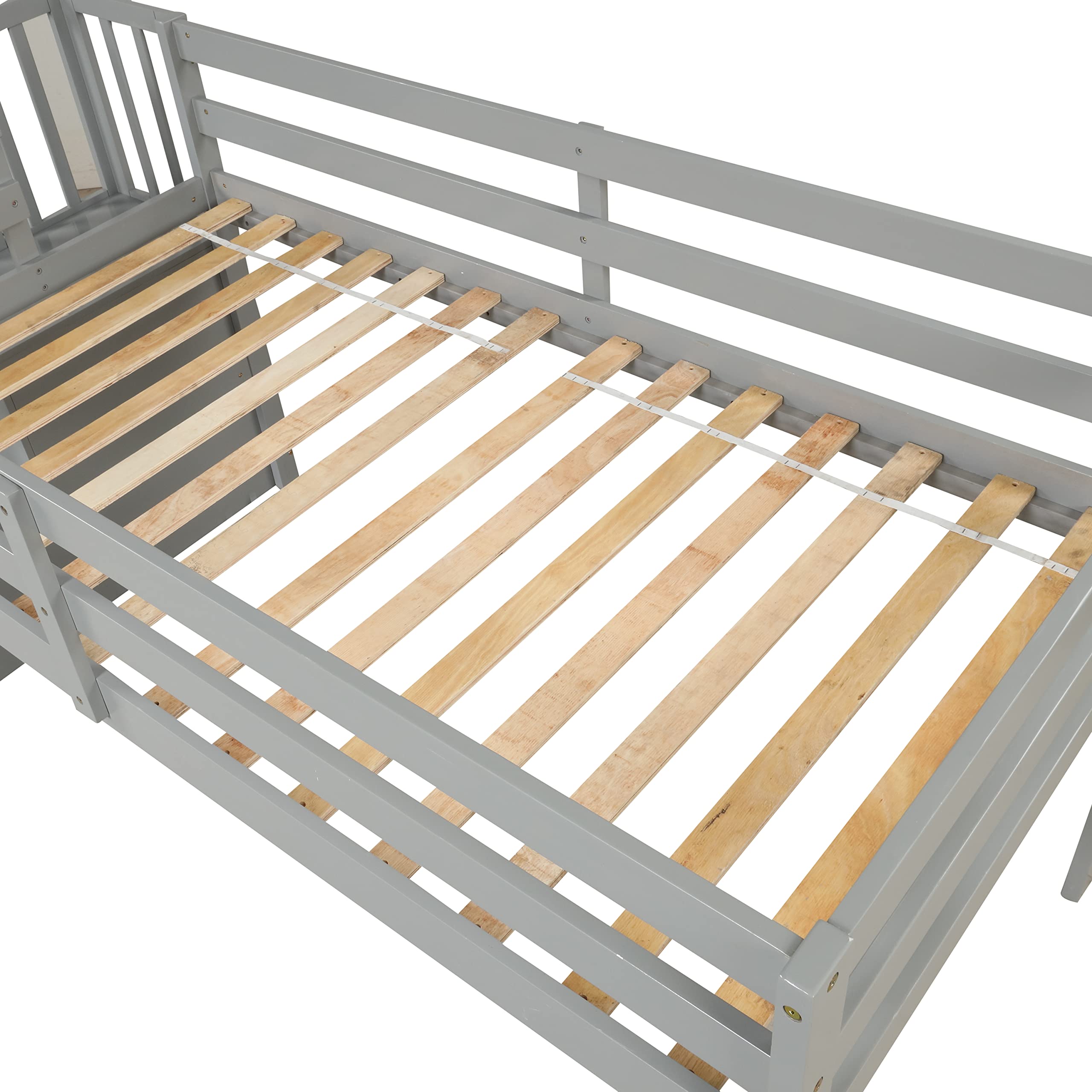 Harper & Bright Designs Twin Size Low Loft Bed with Storage Staircase & Shelves - Wooden Loft Bed Frame for Kids, Teens & Toddlers with Full-Length Safety Guardrails - No Box Spring Needed (Grey) | Perfect for Small Bedrooms, Dorm Rooms & Space-Saving Kids' Rooms