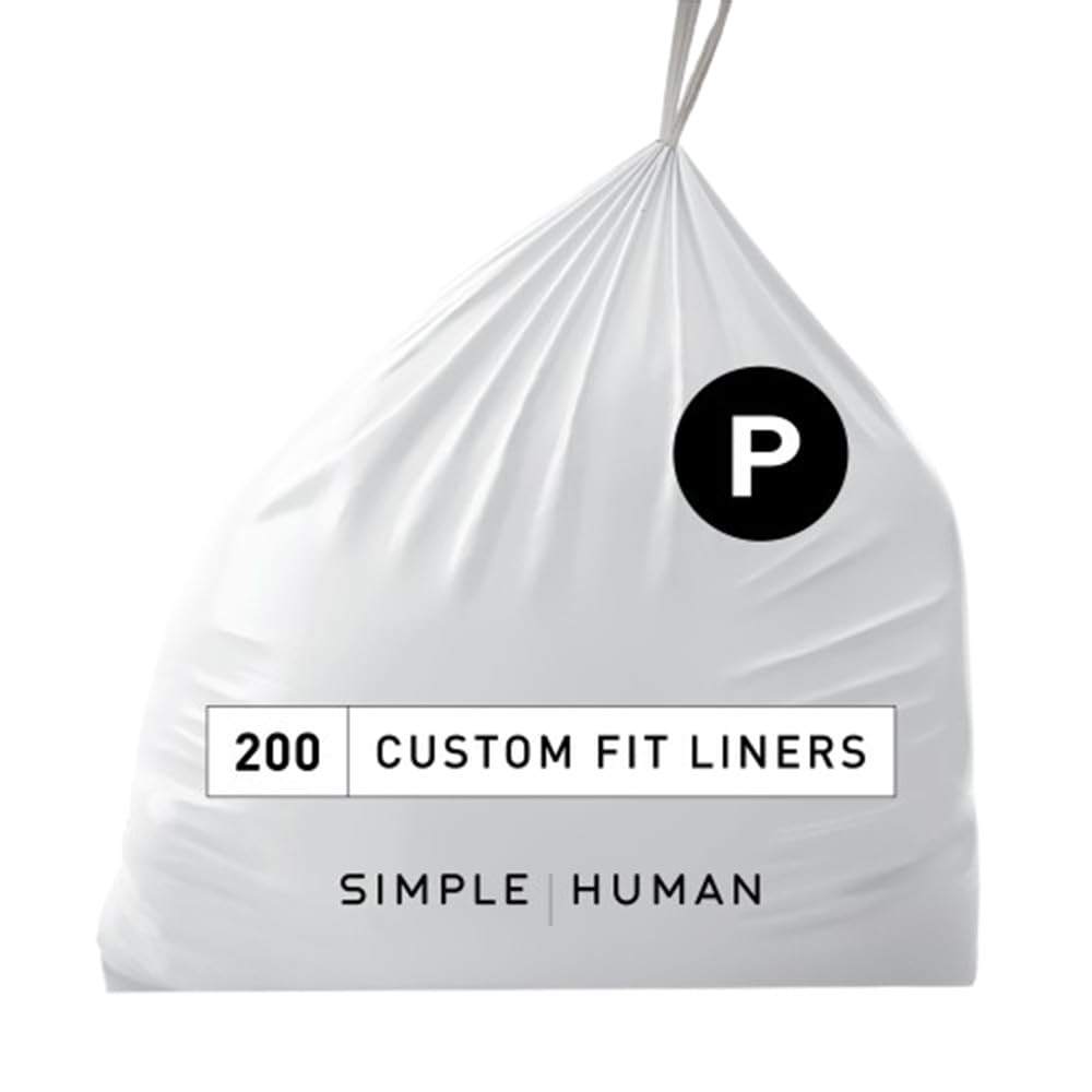 simplehuman Code P 200 Count Genuine Custom Fit Liners - 30 Liter / 8 Gallon Drawstring Trash Bags - White - Perfect for Kitchen, Bathroom & Office Waste Bins