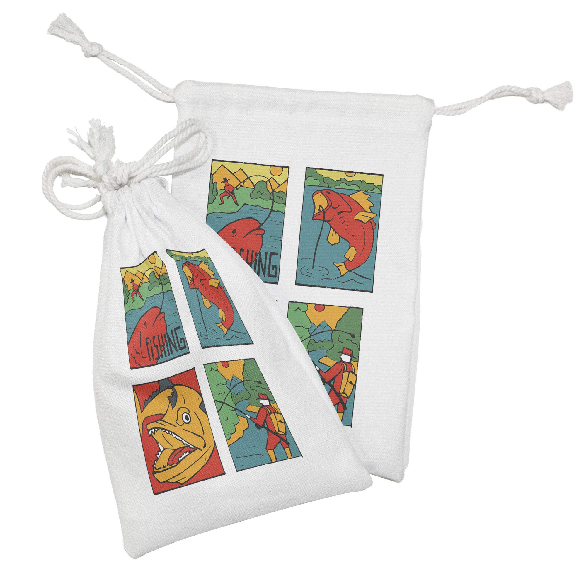 Ambesonne Fishing Fabric Pouch Set of 2 - Colorful Cartoon Fish & Fisherman Nature Print Drawstring Bag (9