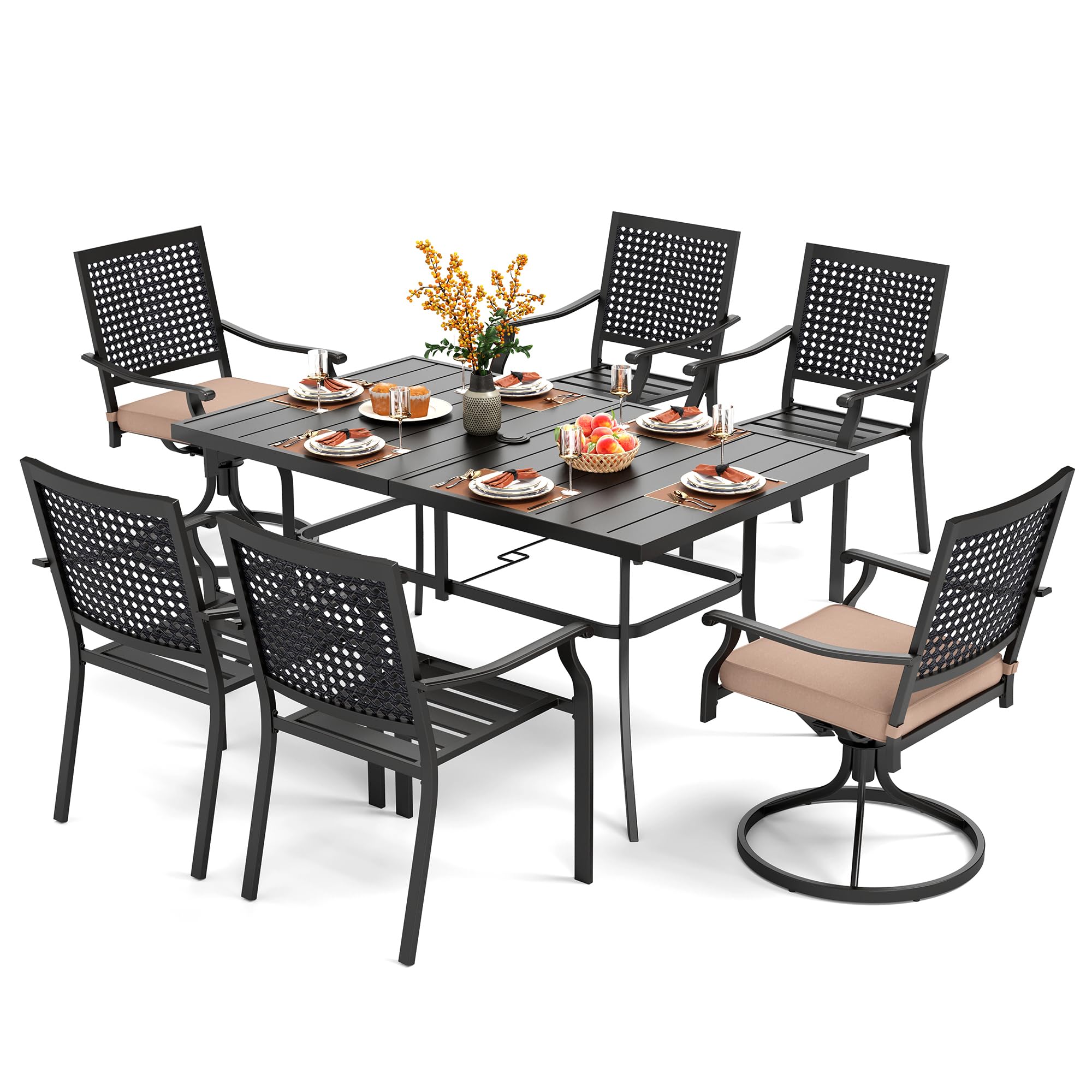 PHI VILLA 6-Piece Outdoor Dining Set - Modern Patio Table with Umbrella Hole & 6 Wrought Iron Swivel Chairs - Durable Metal Furniture for Backyard, Garden, Bistro - Perfect for Al Fresco Dining & Outdoor Entertaining