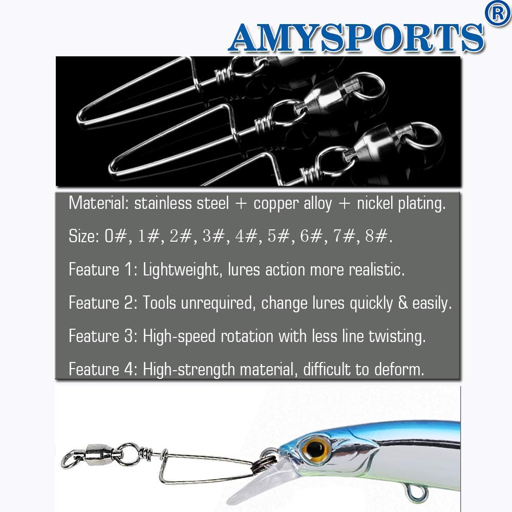AMYSPORTS High Strength Fishing Snap Swivels with Ball Bearing - Stainless Steel Saltwater Corrosion Resistant Barrel Swivels for Freshwater & Saltwater Fishing - Ideal for Bass, Trout, and Deep Sea Angling