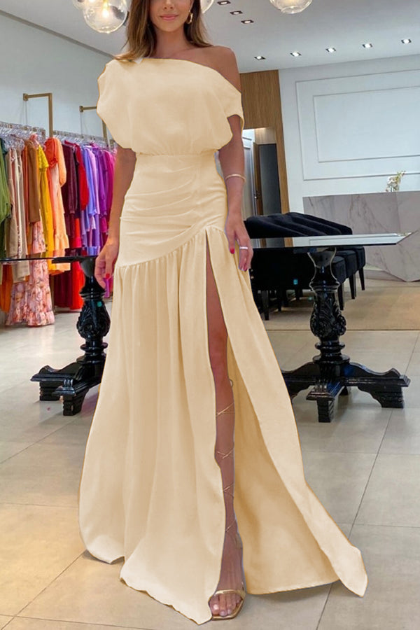 Midnight Chances One Shoulder Ruched Detail Slit Maxi Dress - Elegant Evening Gown for Prom, Wedding, Cocktail Party & Special Occasions