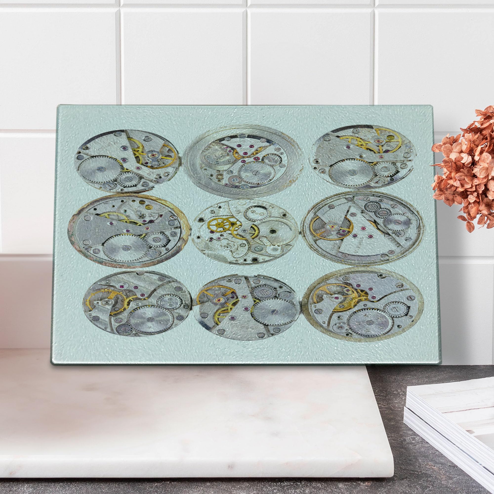 Ambesonne Vintage Watch Repair Themed Tempered Glass Cutting Board - Decorative Clockwork Design Serving Tray for Kitchen, Dining & Home Decor - Small Size Grey Yellow (12