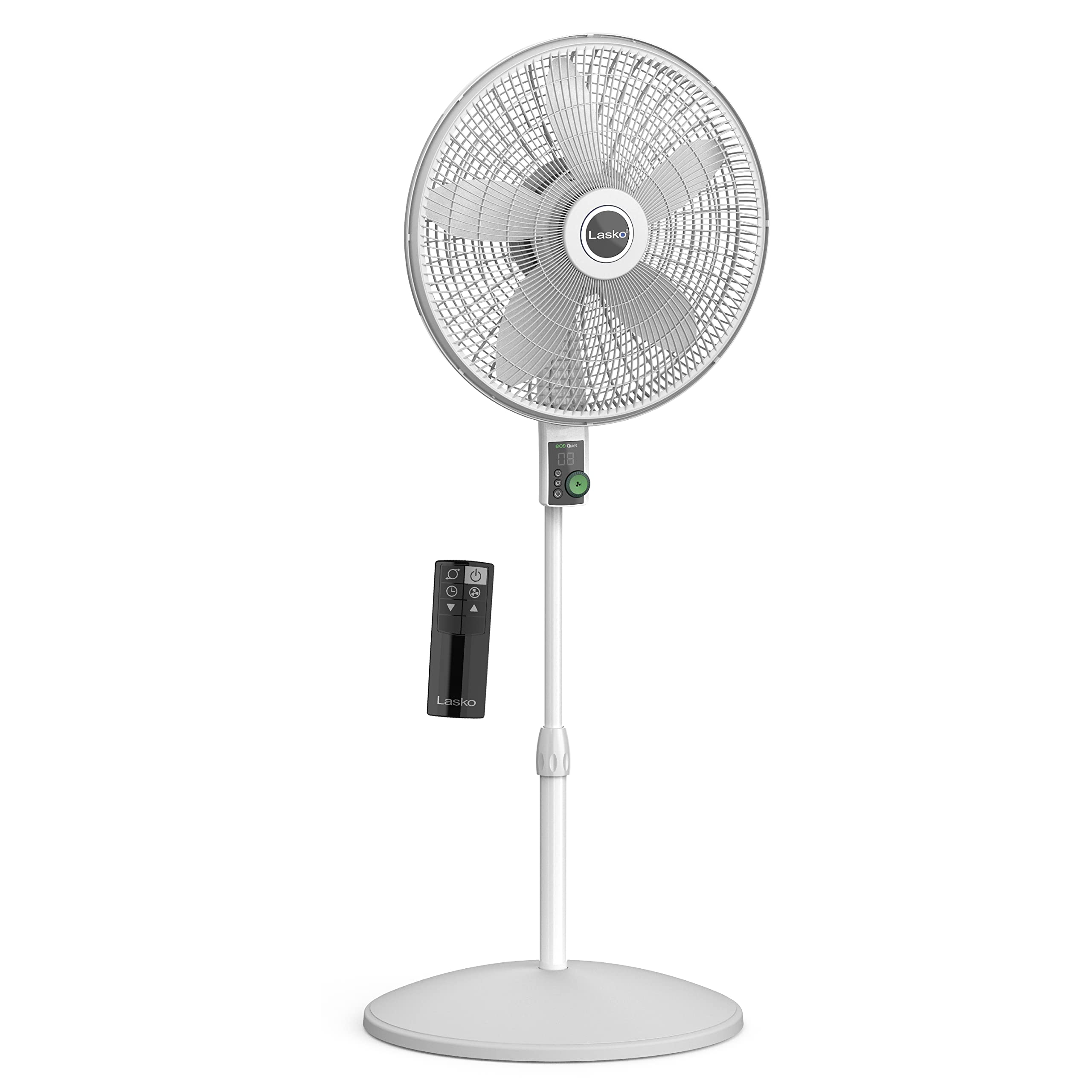 Lasko EcoQuiet Oscillating Pedestal Fan with Whisper Quiet DC Motor - 12 Speed Settings, 8 Hour Timer, Adjustable Height & Remote Control - White Large (Model S18705) for Bedroom, Living Room & Office Cooling
