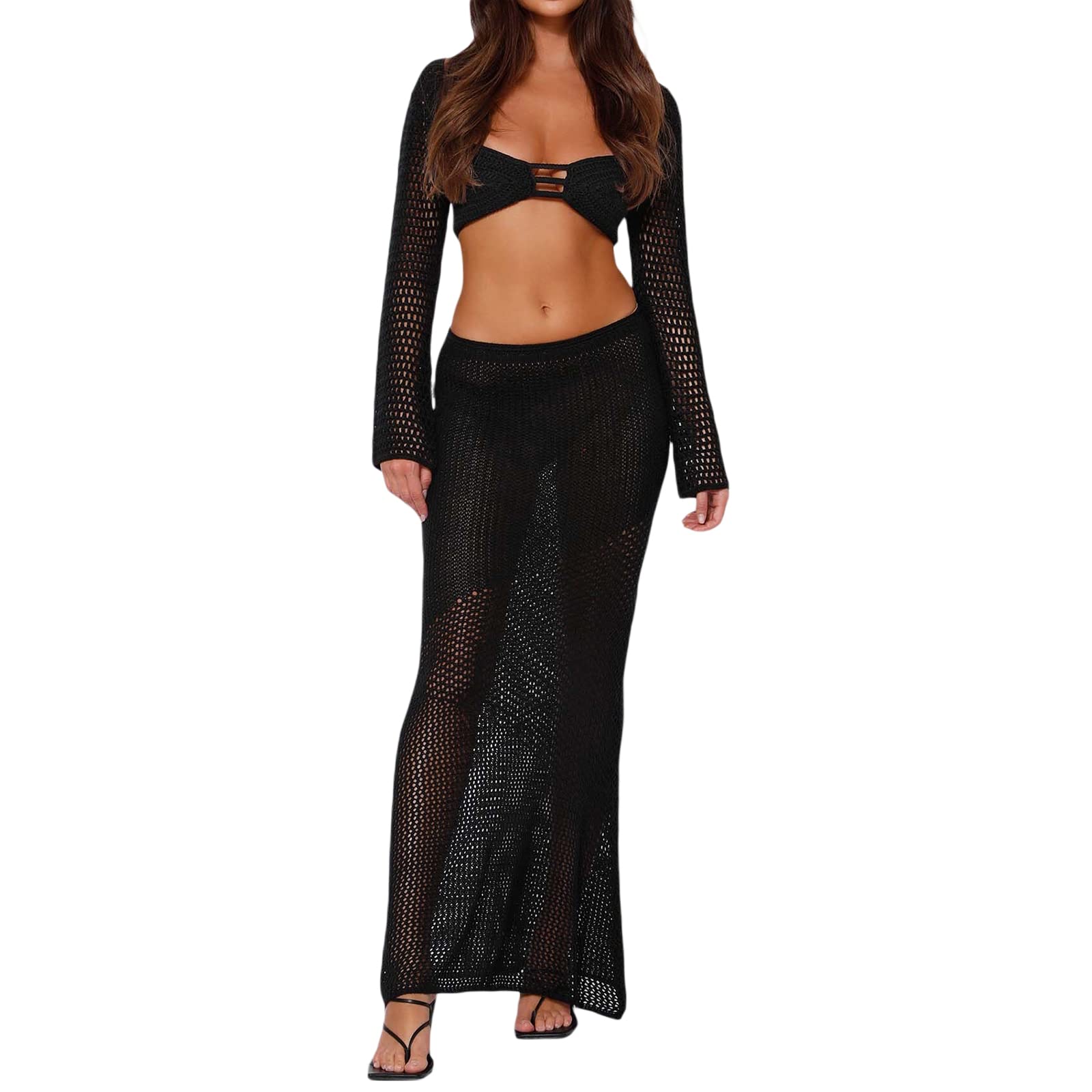 Women's Hollow Out 2-Piece Skirt Set - Long Sleeve Crop Top & White Knit Maxi Skirt - Clubwear Outfit for Night Out, Party, Date Night, and Special Occasions